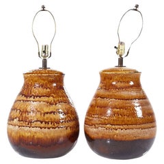 Retro Mid Century Drip Glaze Pottery Lamps - Pair