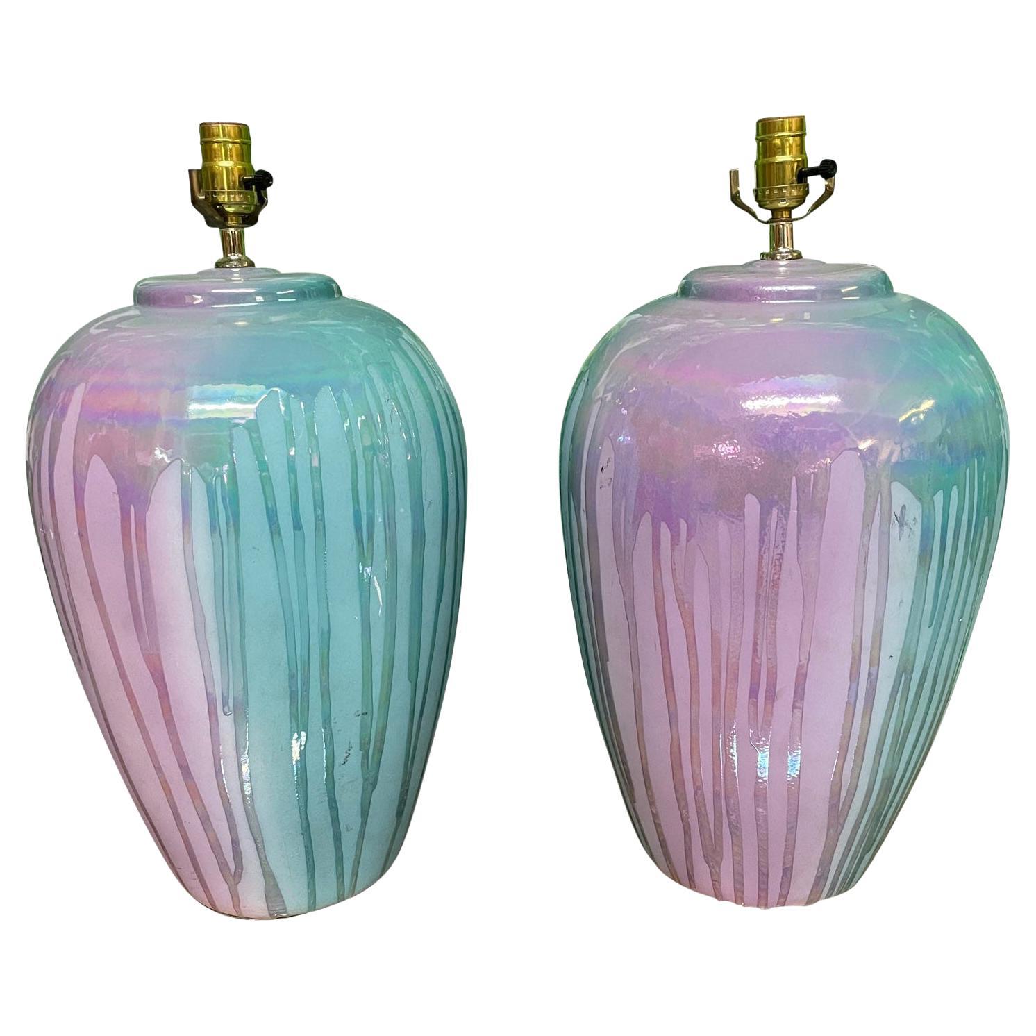 Pair Tangerine Drip Glaze Ceramic and Brass Table Lamps at 1stDibs