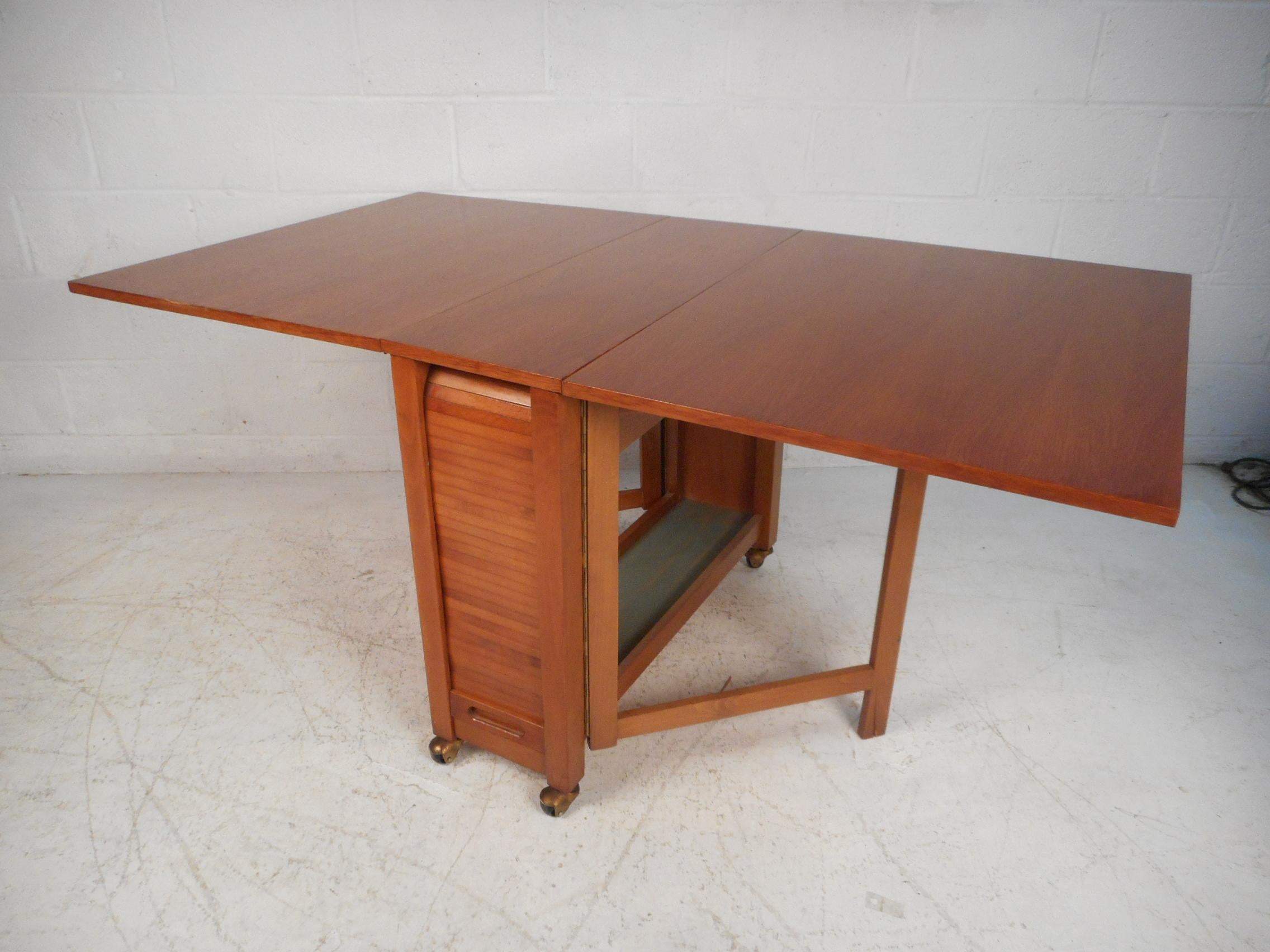 Midcentury DropLeaf Apartment Table on Casters with Hideaway SlatWood