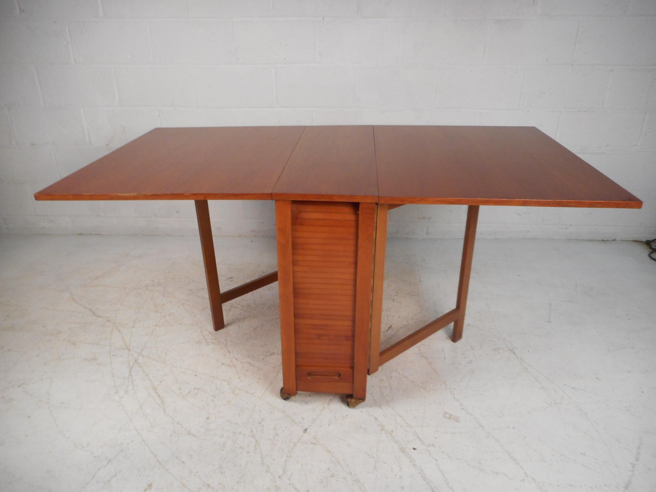 Midcentury Drop-Leaf Apartment Table on Casters with Hideaway Slat-Wood ...