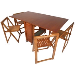 Midcentury Drop-Leaf Apartment Table on Casters with Hideaway Slat-Wood Chairs
