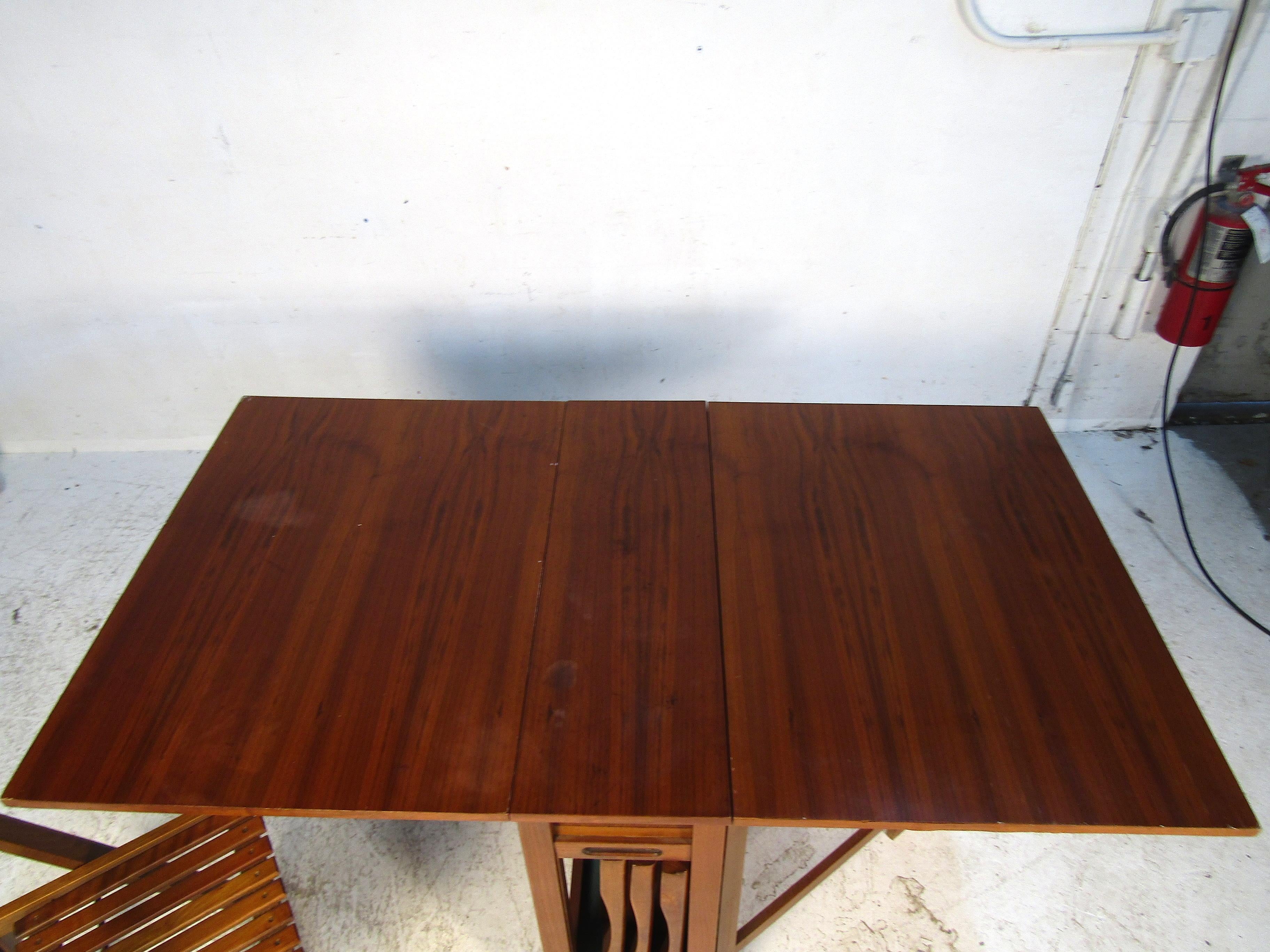 Teak Midcentury Drop-Leaf Table with Storable Matching Chairs