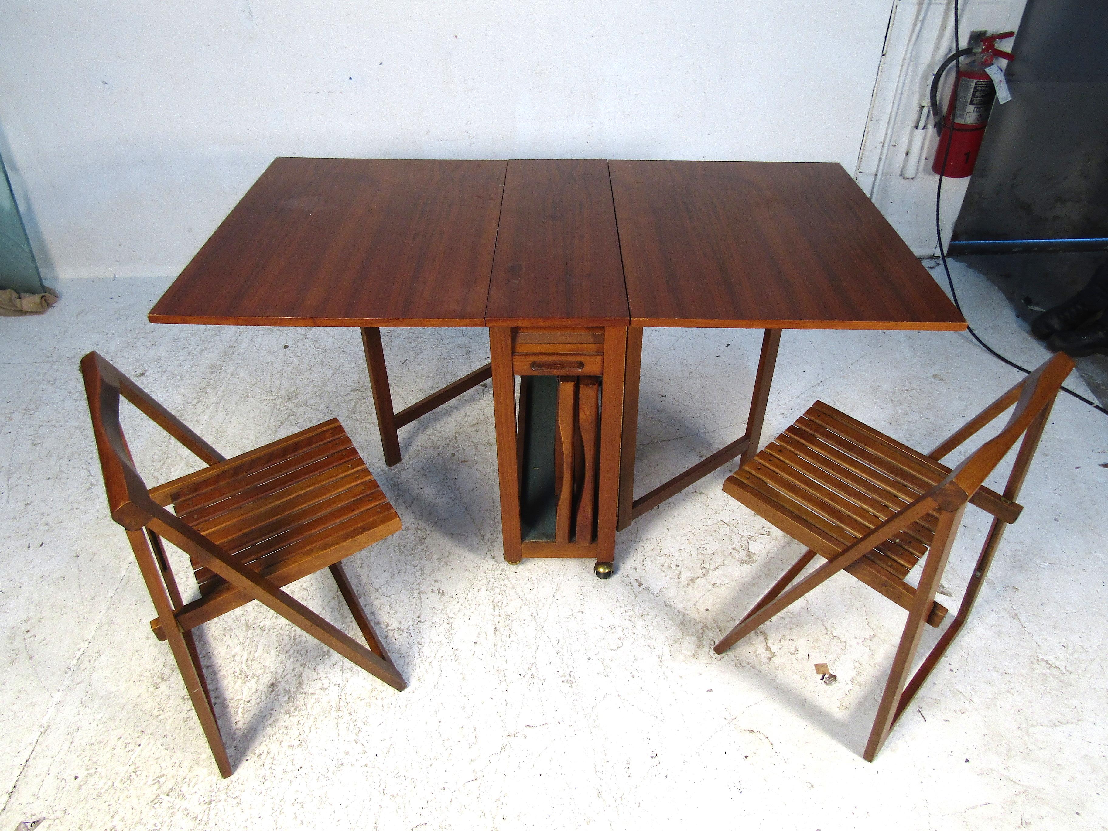 Midcentury Drop-Leaf Table with Storable Matching Chairs 3
