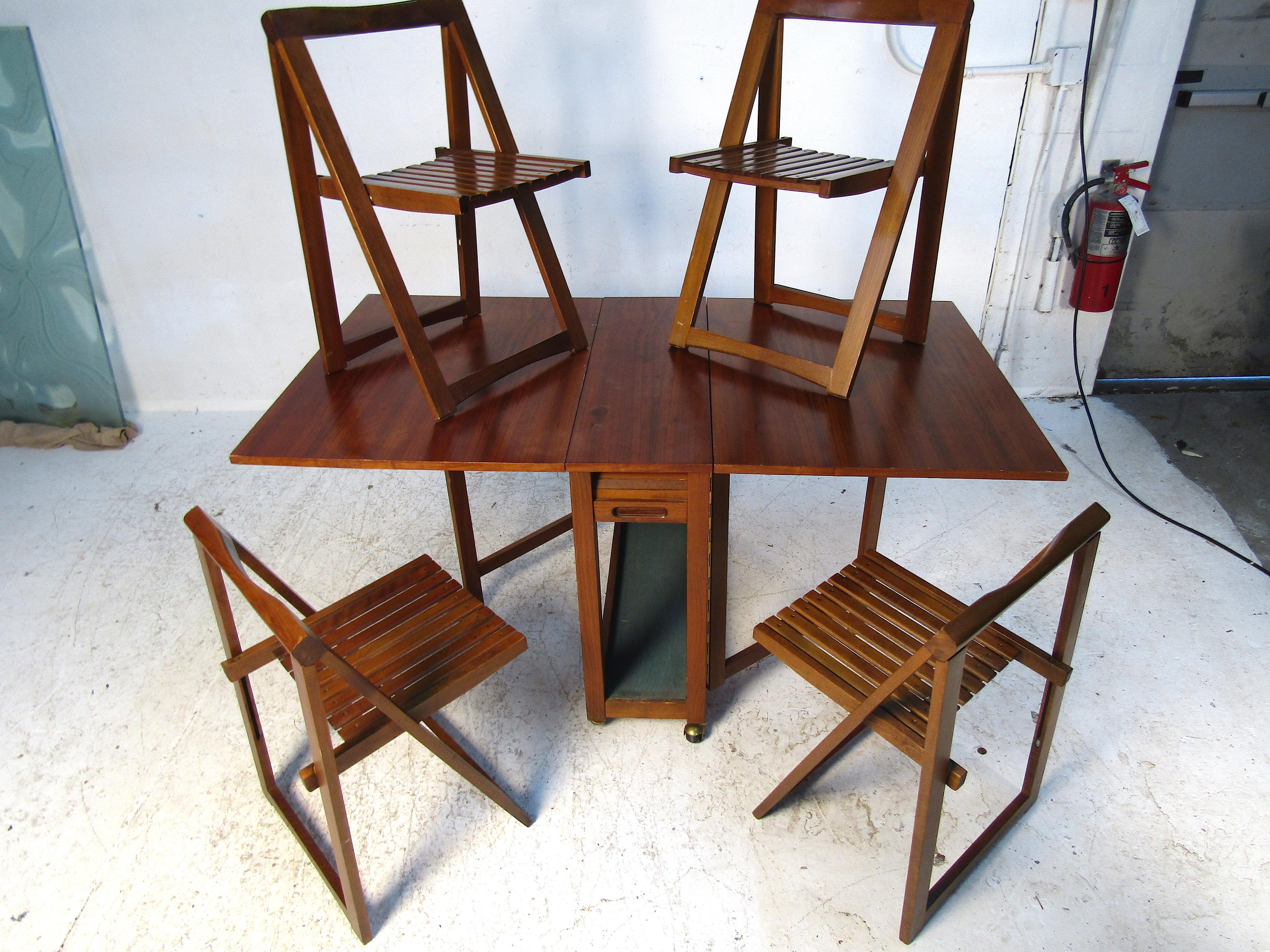 Midcentury Drop-Leaf Table with Storable Matching Chairs 4