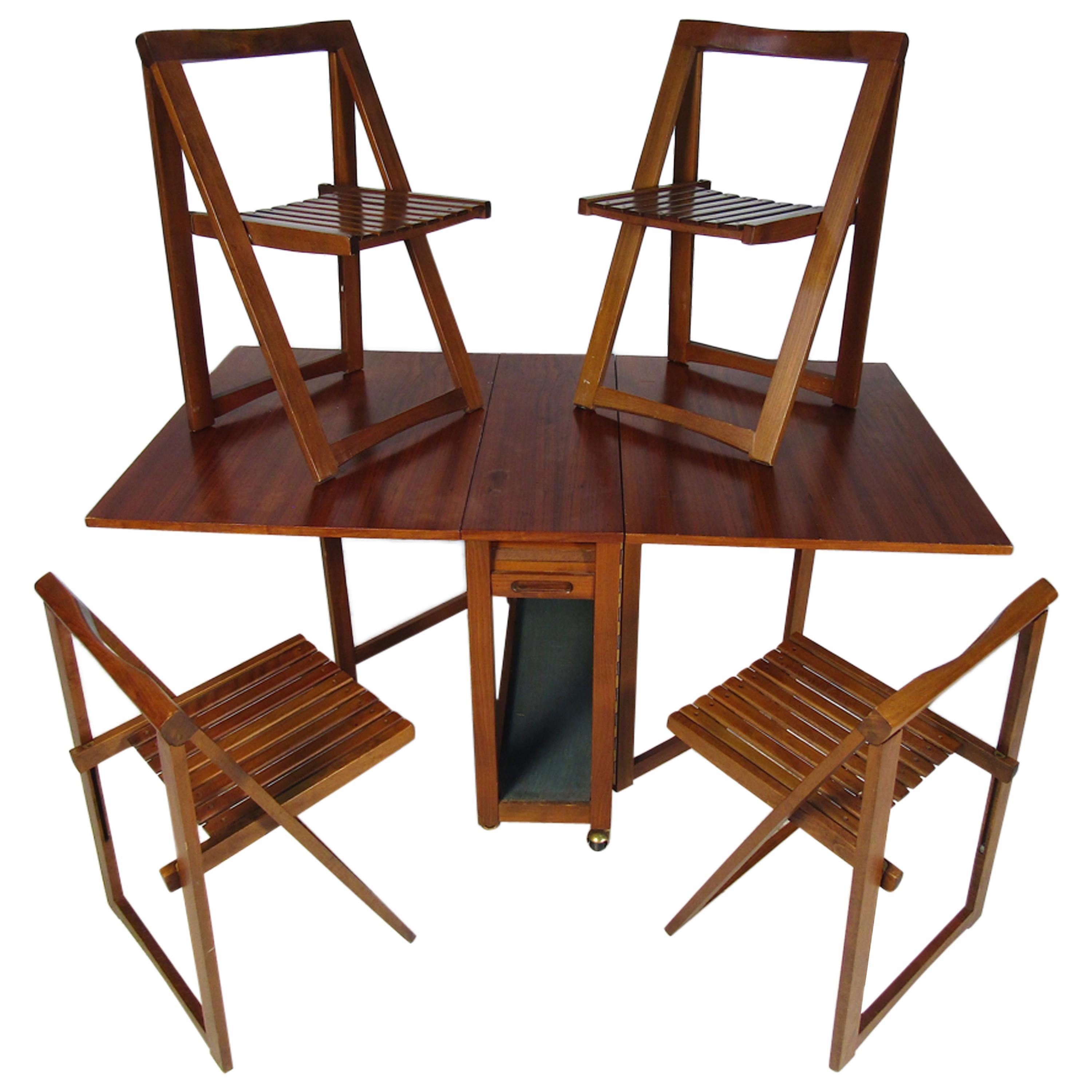 Midcentury Drop-Leaf Table with Storable Matching Chairs