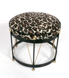 Mid Century Drum Style Hocker mit Leopard Print Polsterung