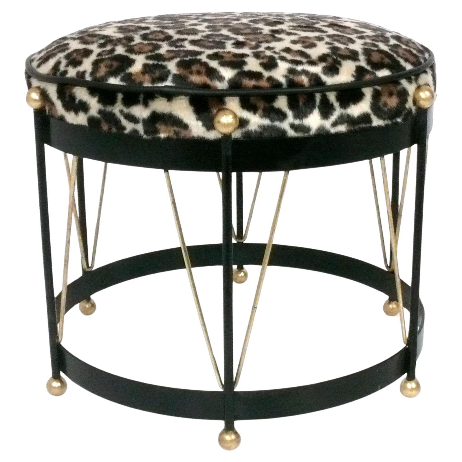 Mid Century Drum Style Stool with Leopard Print Upholstery