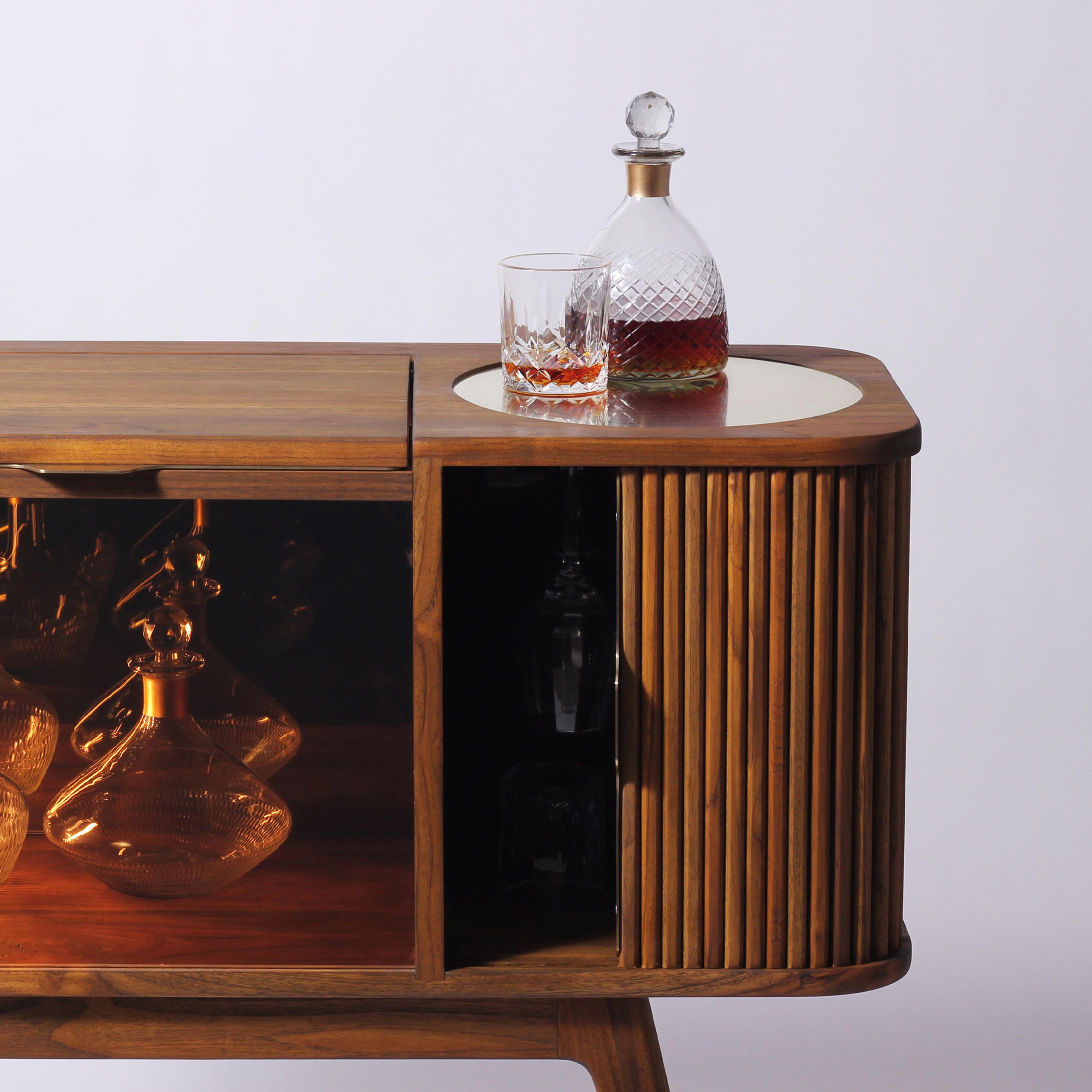 Chamfered Mid-Century Dry Bar Cabinet with Tambour Doors, in Solid Oak with Brass