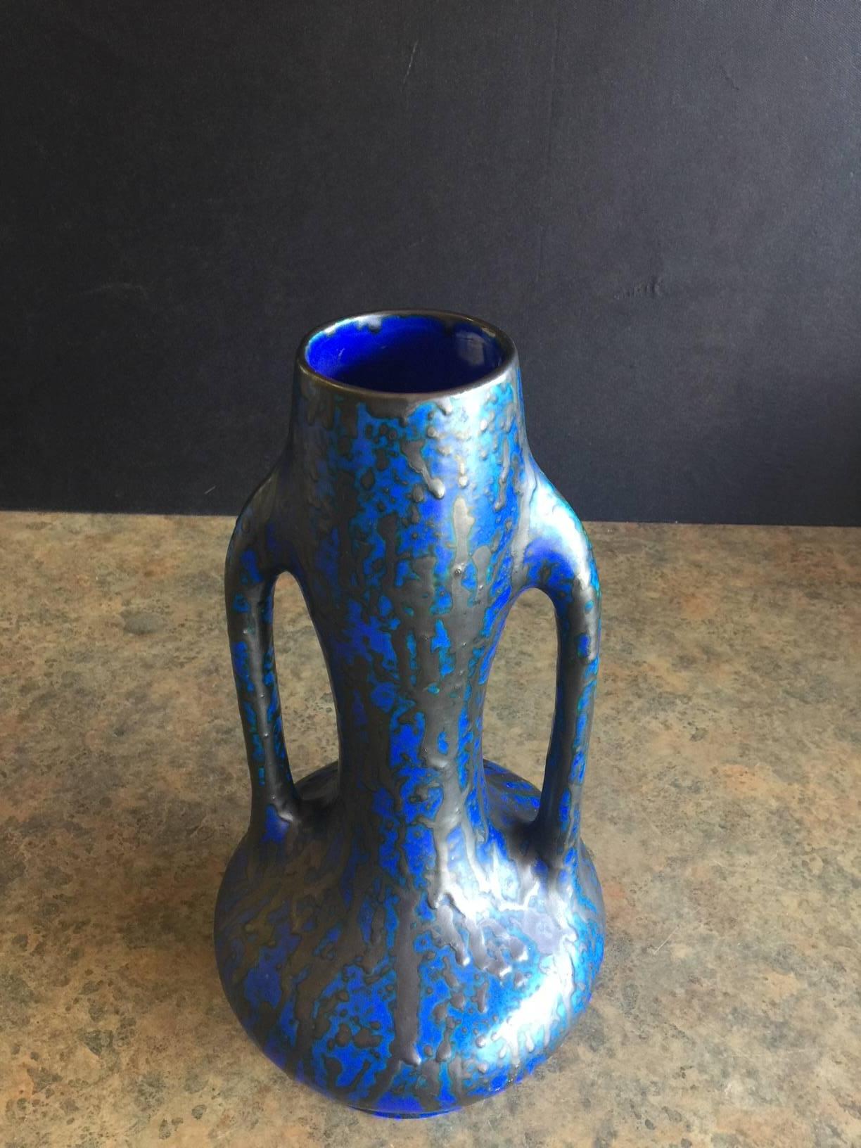 Belgian Midcentury Dual Handled Lava Glazed Vase by Ceramique De Bruxelles of Belgium For Sale