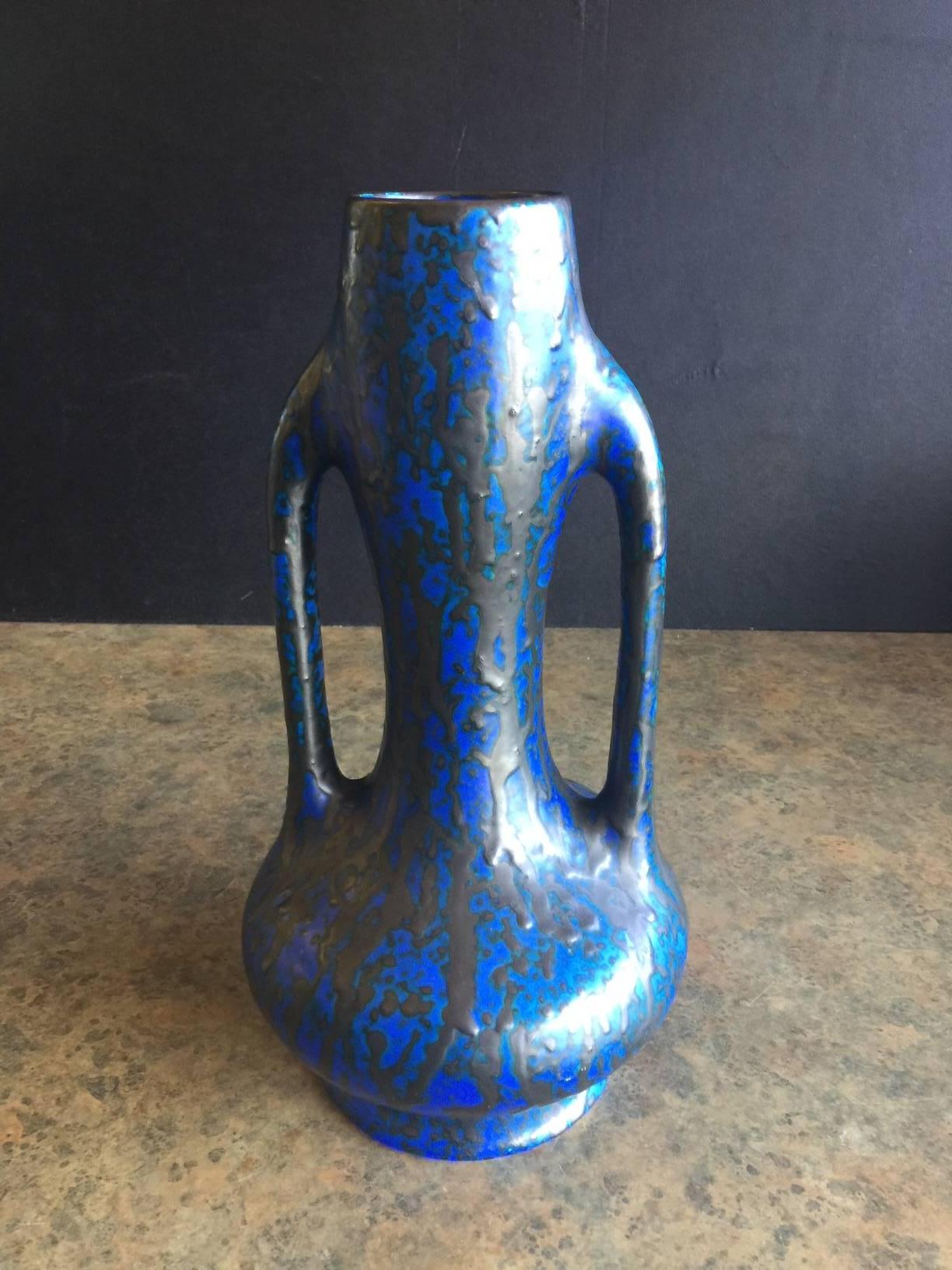 Pottery Midcentury Dual Handled Lava Glazed Vase by Ceramique De Bruxelles of Belgium For Sale