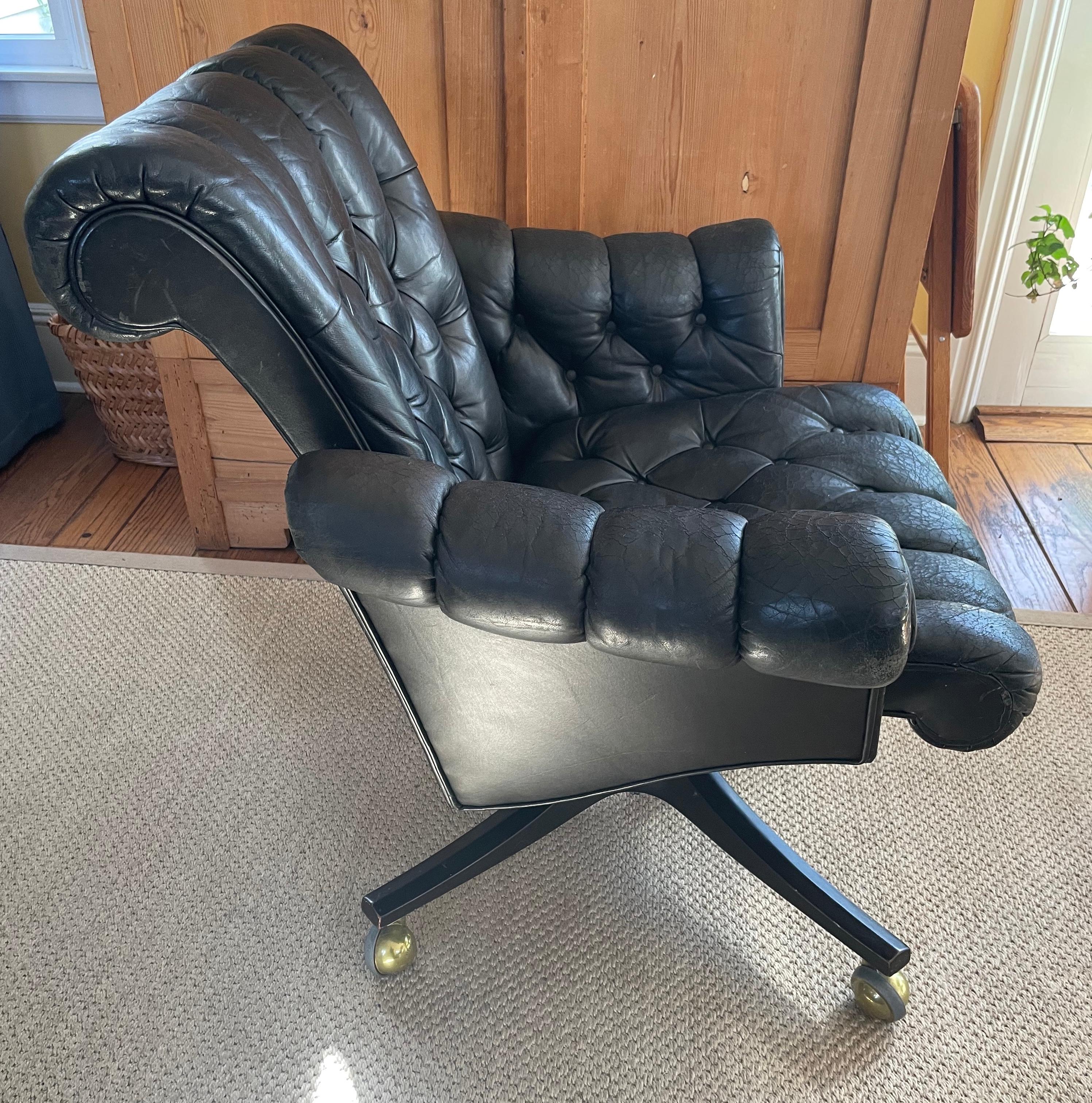 Mid-Century Modern Mid-Century Dunbar Black Tufted Leather Chair