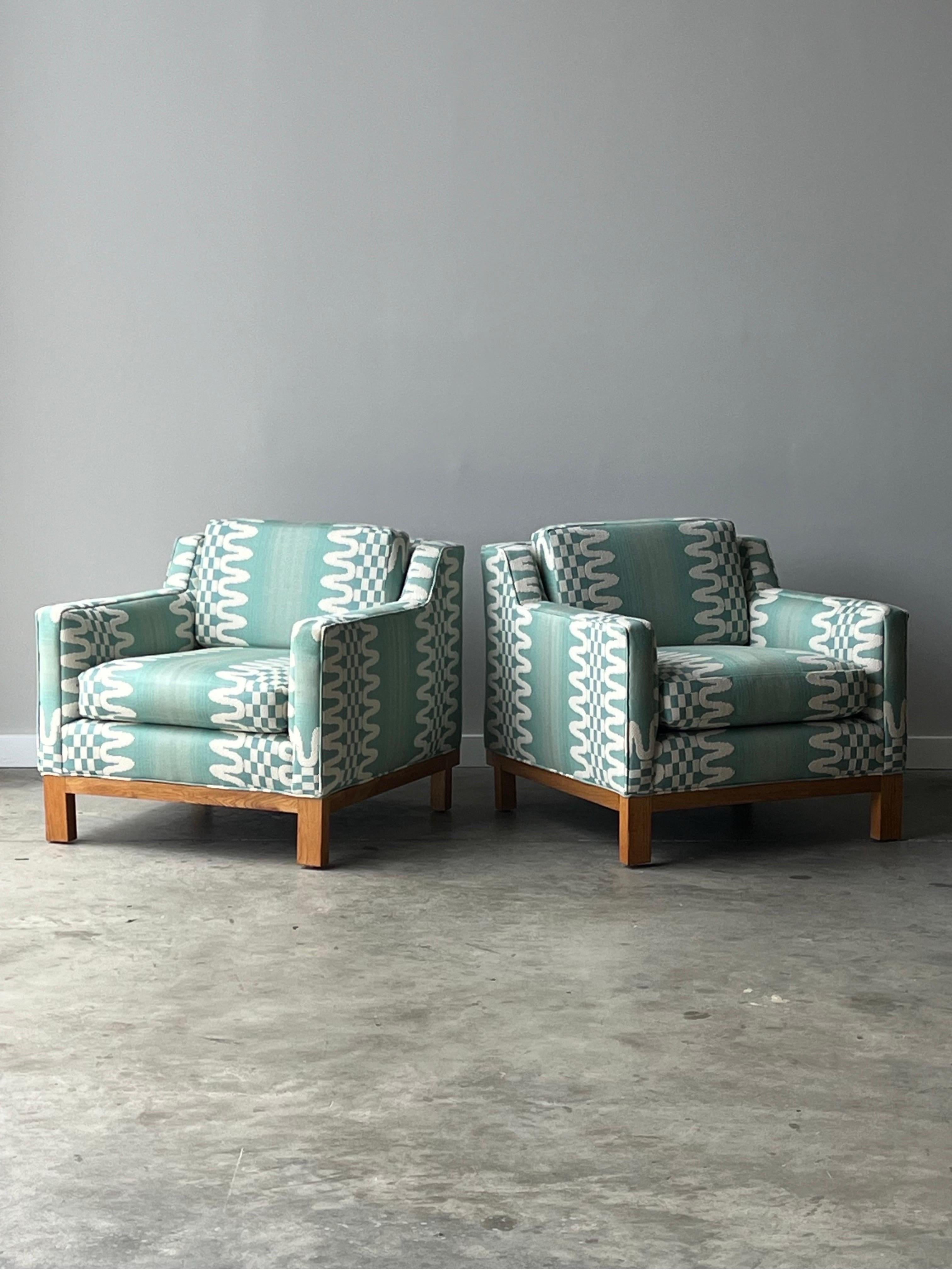 Fabric Mid-Century Dunbar Style Club Chairs - a Pair For Sale