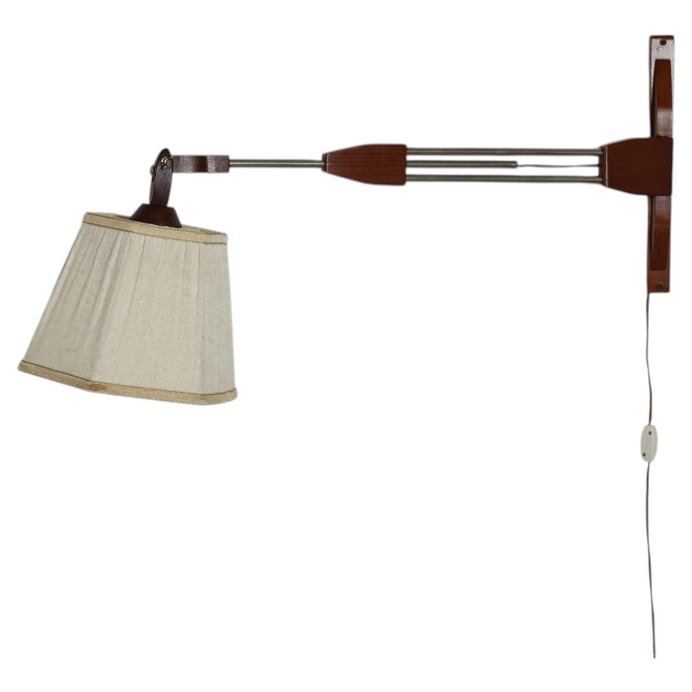 Mid-Century Dutch Articulating Wall Lamp, Teak and Chrome with Fabric Shade