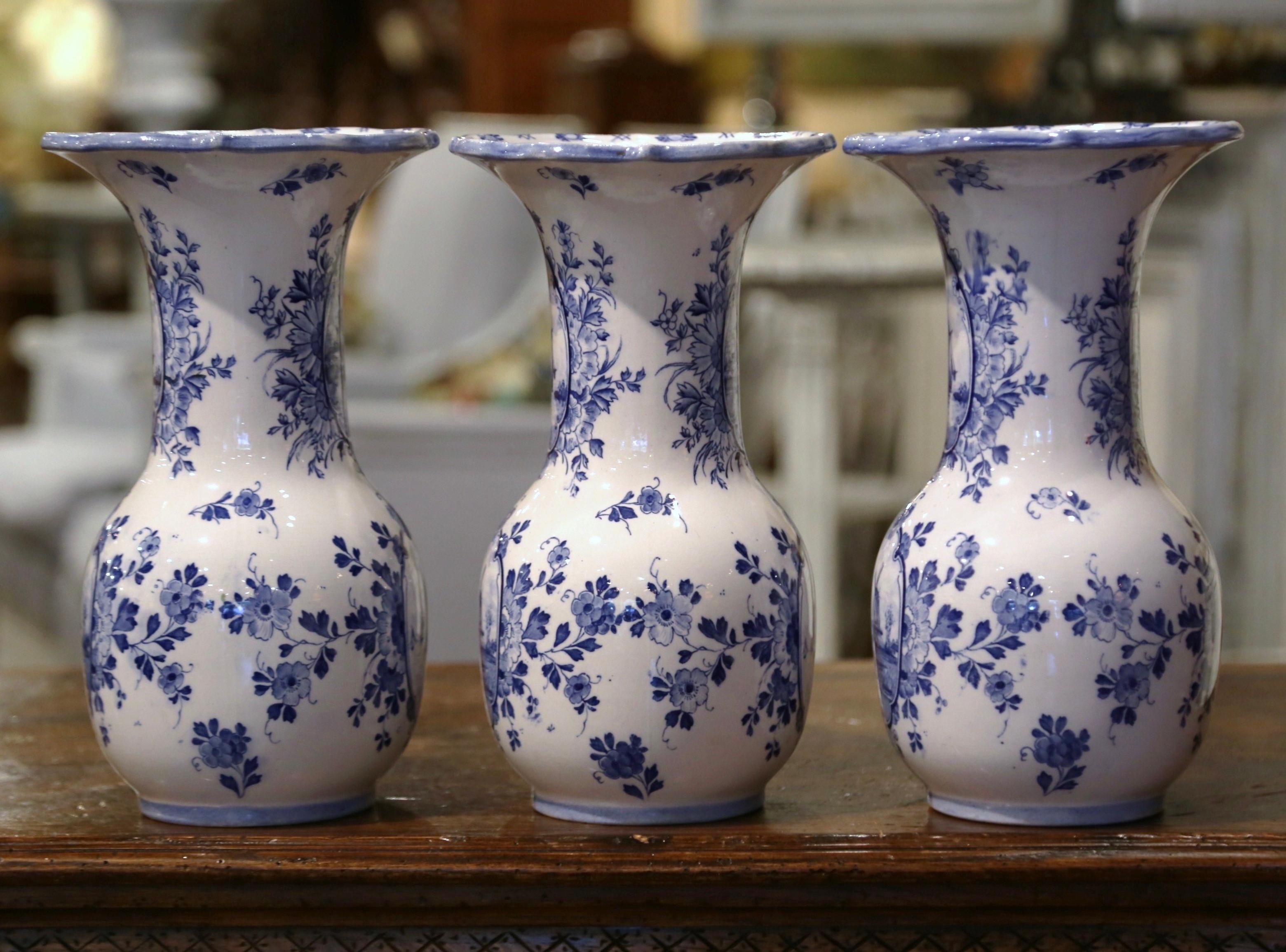 Hand-Crafted Mid-Century Dutch Blue and White Hand-Painted Faience Delft Vases, Set of 3