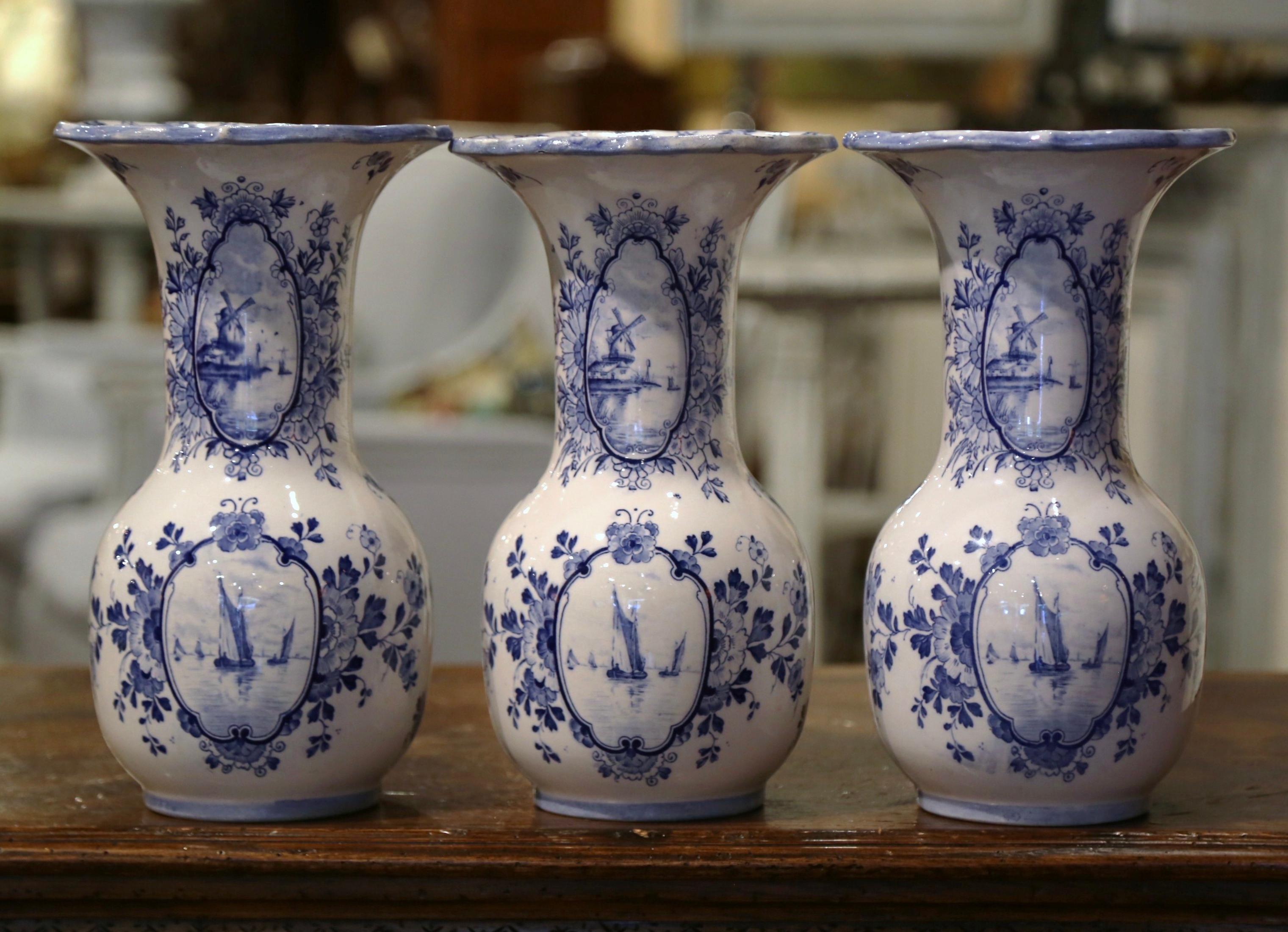 Mid-Century Dutch Blue and White Hand-Painted Faience Delft Vases, Set of 3 In Excellent Condition In Dallas, TX