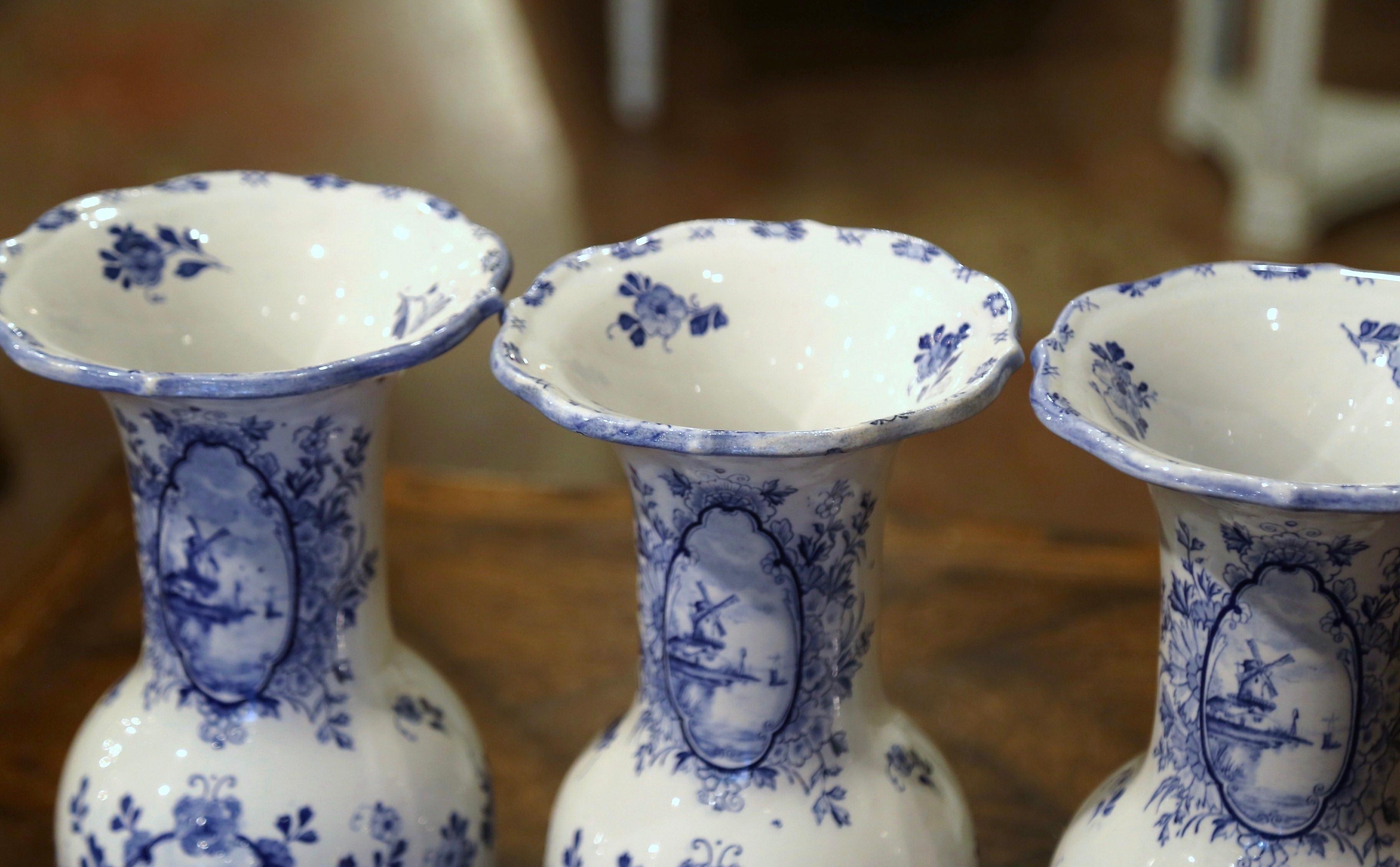 Mid-Century Dutch Blue and White Hand-Painted Faience Delft Vases, Set of 3 1