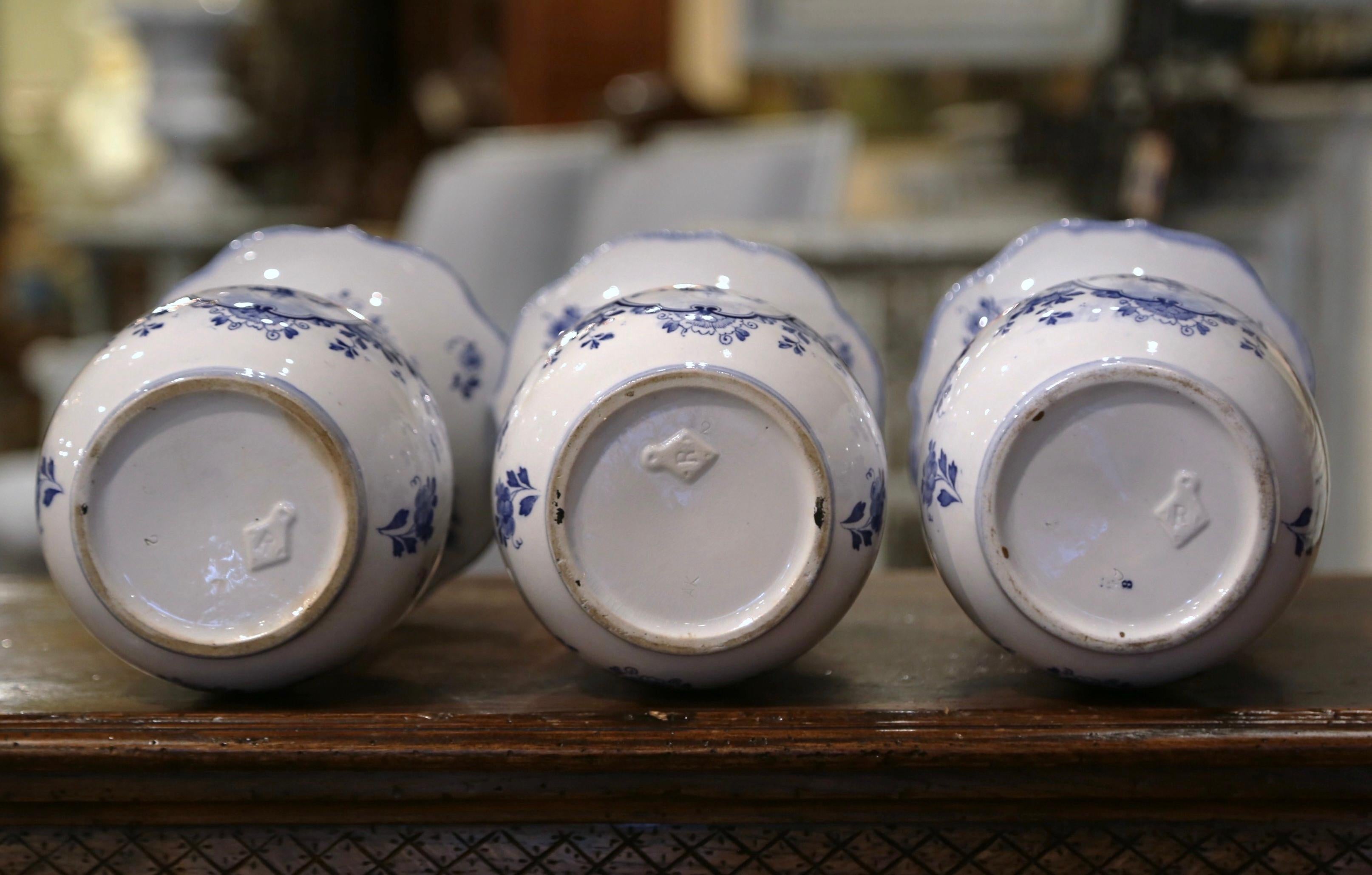 Mid-Century Dutch Blue and White Hand-Painted Faience Delft Vases, Set of 3 2