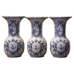 Vintage Mid-Century Dutch Blue and White Hand-Painted Faience Delft Vases, Set of 3