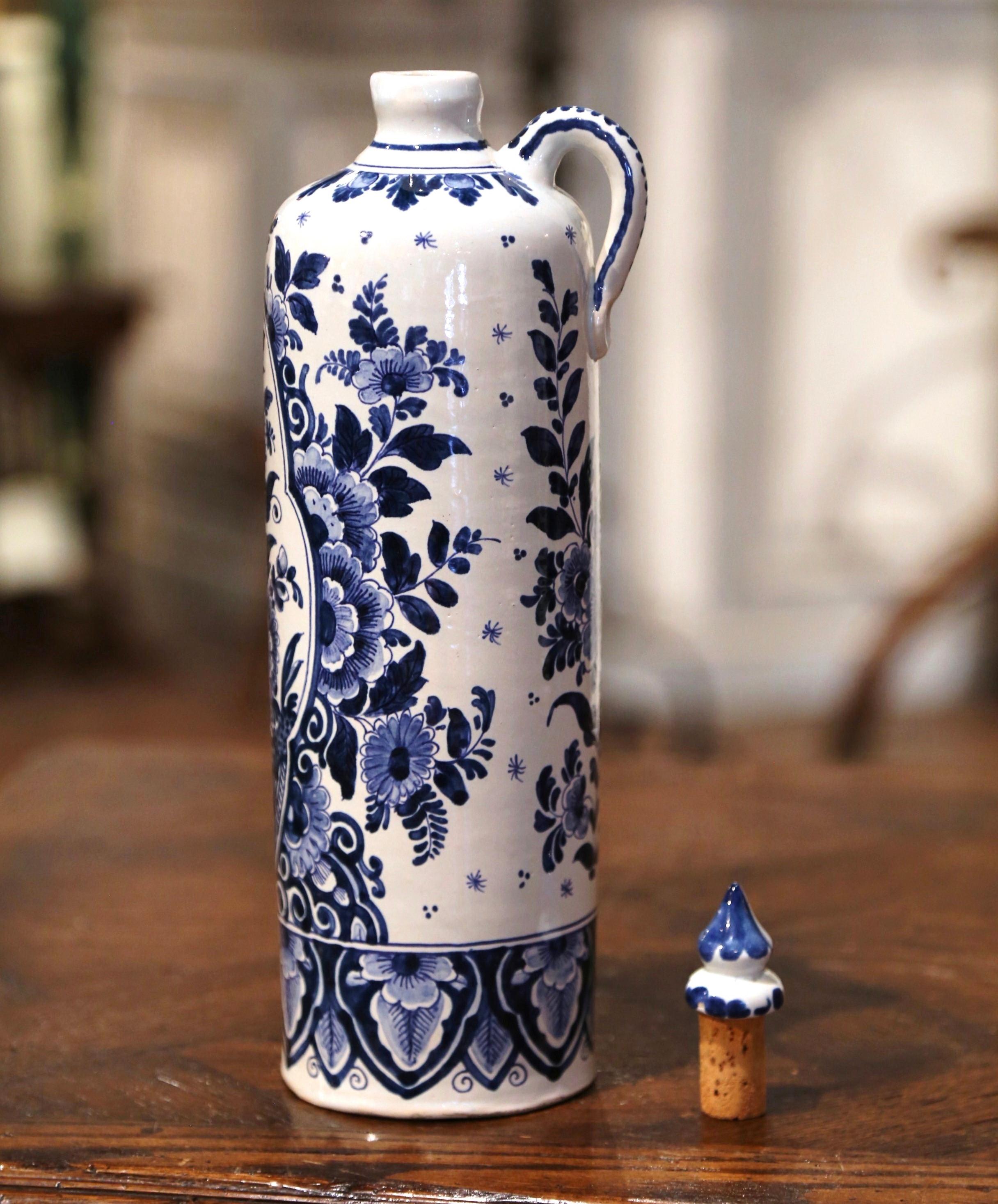 Hand-Crafted Mid-Century Dutch Blue and White Painted Faience Delft Olive Oil Bottle For Sale