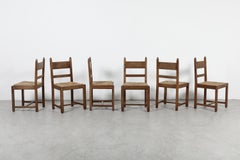 Mid-Century Dutch Brutalist Oak & Rush Dining Chairs, Set of 6