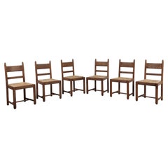 Mid-Century Dutch Brutalist Oak & Rush Dining Chairs, Set of 6