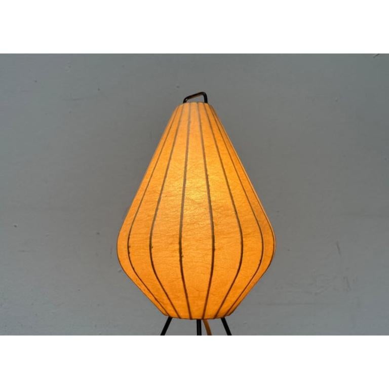 Rare mid-century Cocoon table lamp from the Dutch manufacturer Artimeta with a characteristic shade shape.

The striking Cocoon lampshade is supported by an inner frame, which merges into a delicate tripod at the bottom. The support frame looks out