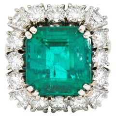 Mid-Century Dutch Colombian Emerald Diamond 18 Karat White Gold Vintage Ring 