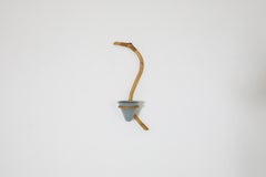 Mid-Century Dutch Curved Bamboo Wall Mounted Planter with Blue Ceramic Pot