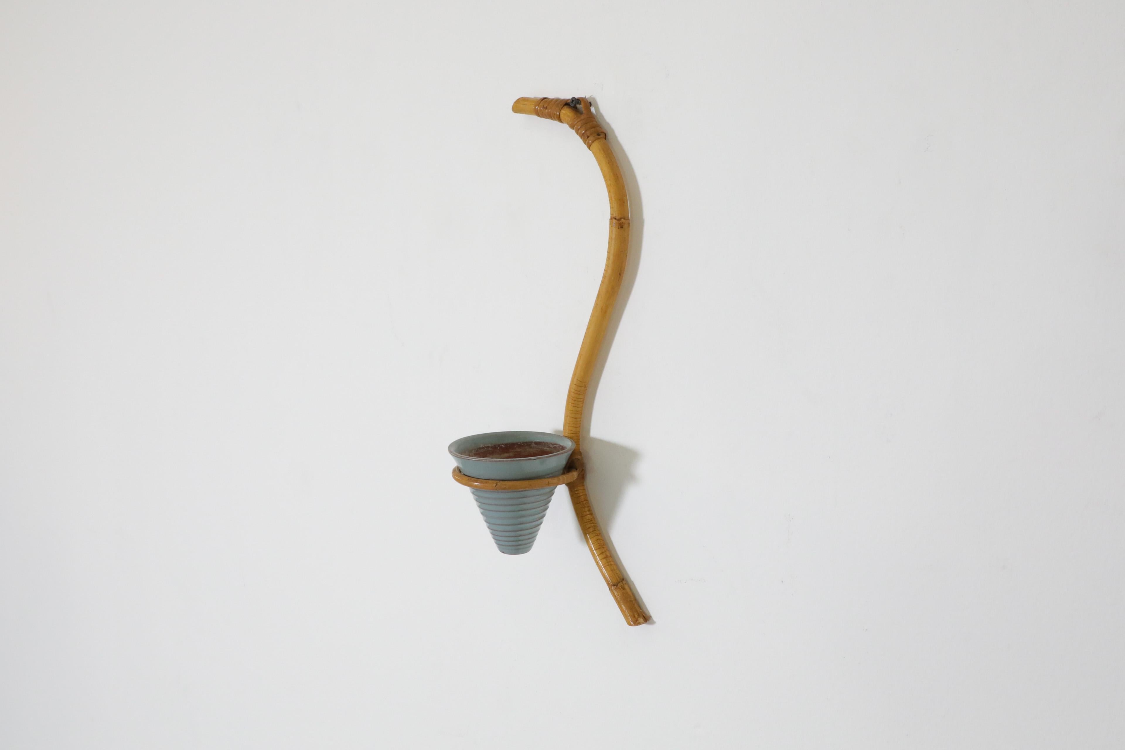 Mid-Century Dutch Curved Bamboo Wall Mounted Planter with Blue Ceramic Pot In Good Condition For Sale In Los Angeles, CA