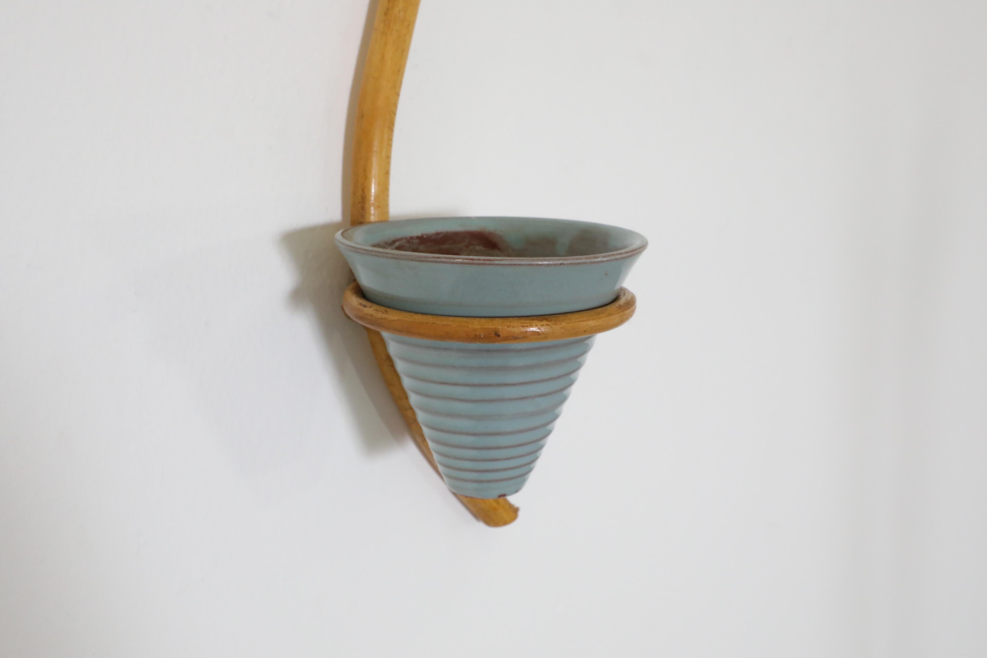 Mid-Century Dutch Curved Bamboo Wall Mounted Planter with Blue Ceramic Pot For Sale 2