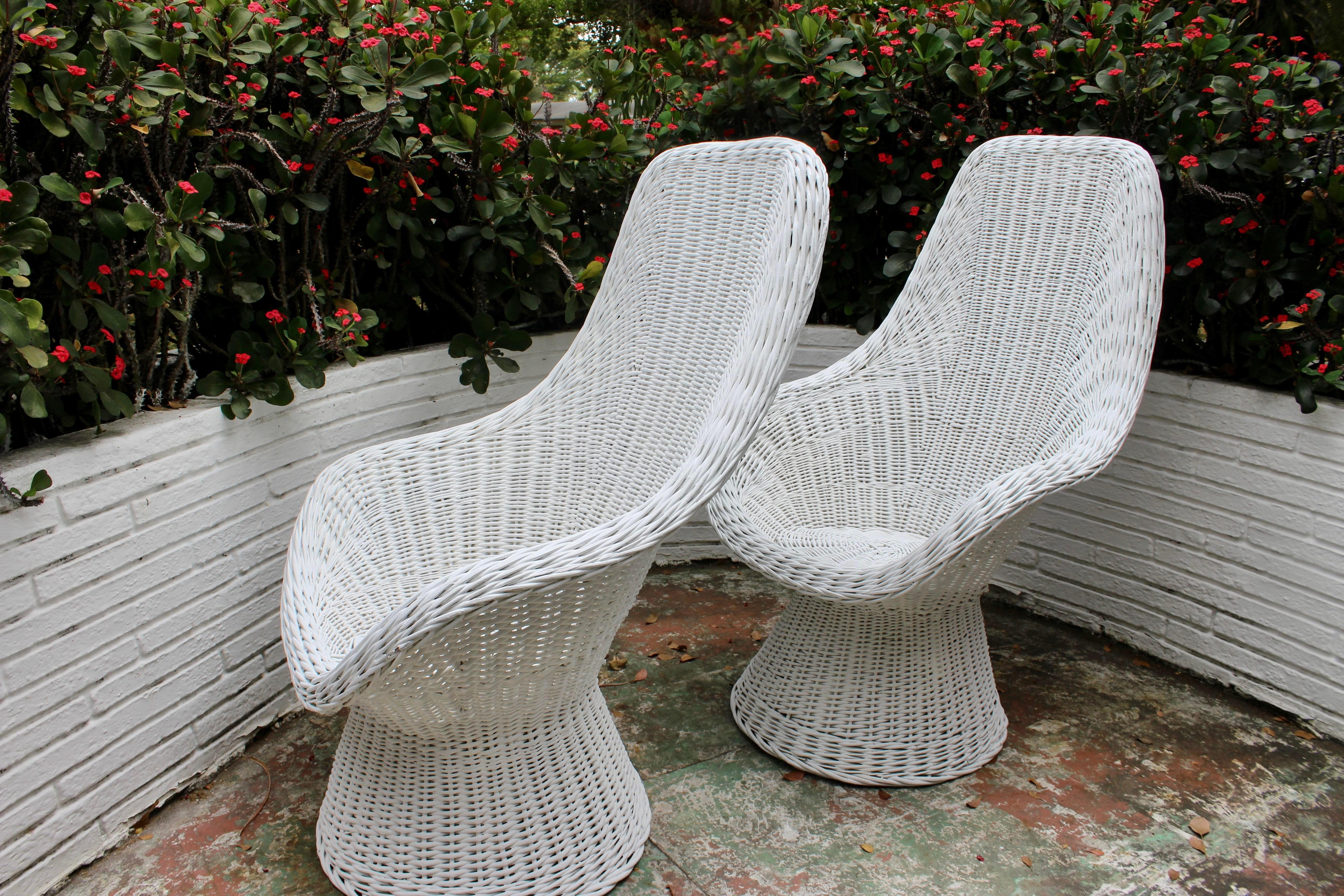 Mid-Century Modern Mid-Century Dutch Design White Rattan Pair of High Back Lounge Chairs, 1960s
