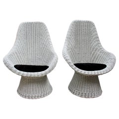 Mid-Century Dutch Design White Rattan Pair of High Back Lounge Chairs, 1960s