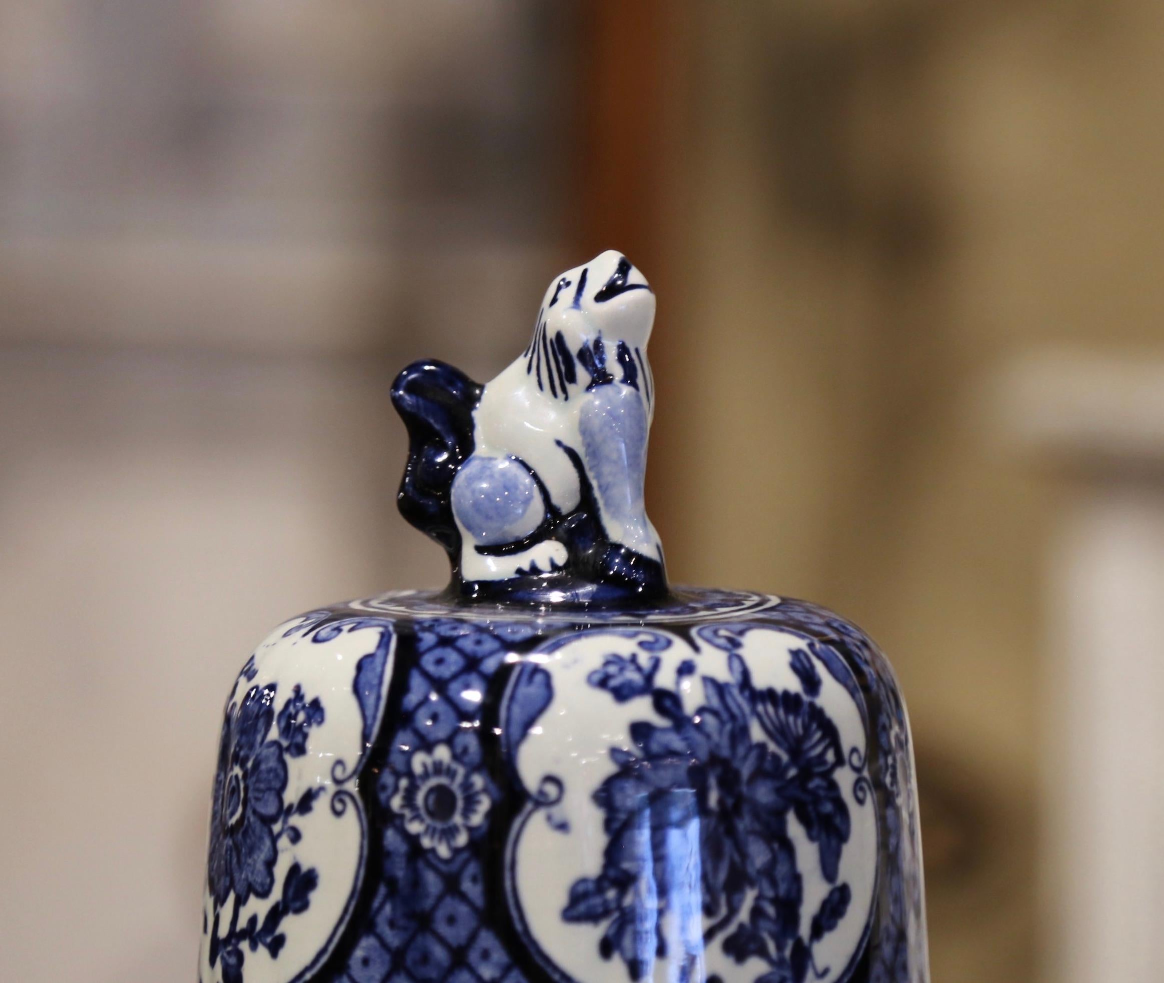 20th Century Mid-Century Dutch Faience Blue and White Painted Delft Ginger Jar with Lid