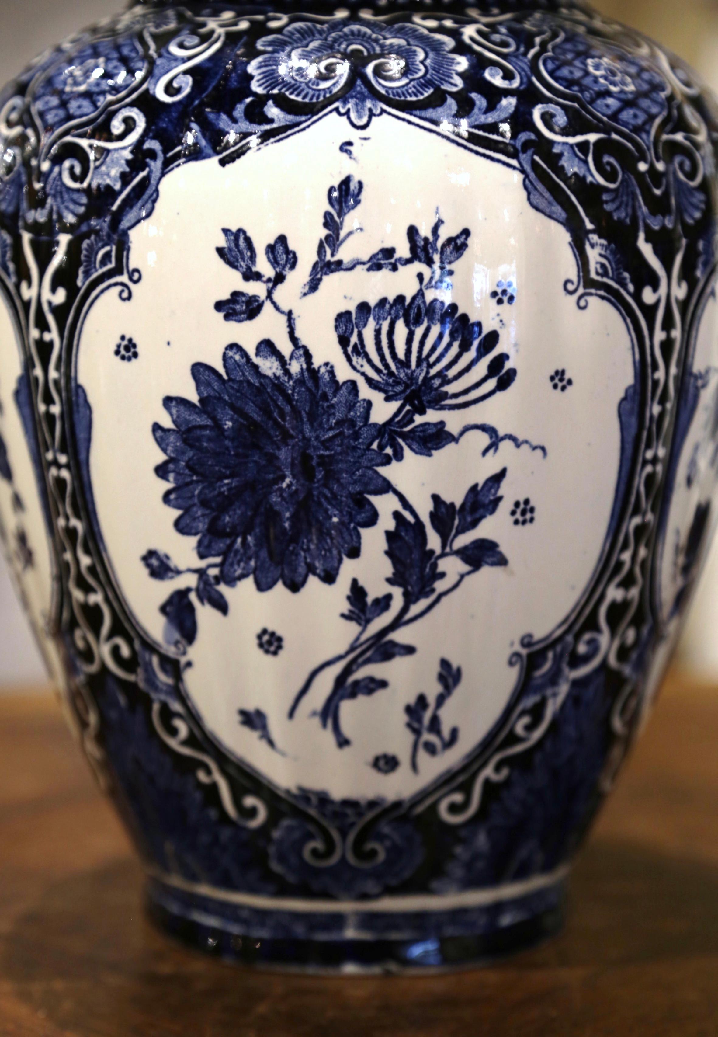 Ceramic Mid-Century Dutch Faience Blue and White Painted Delft Ginger Jar with Lid