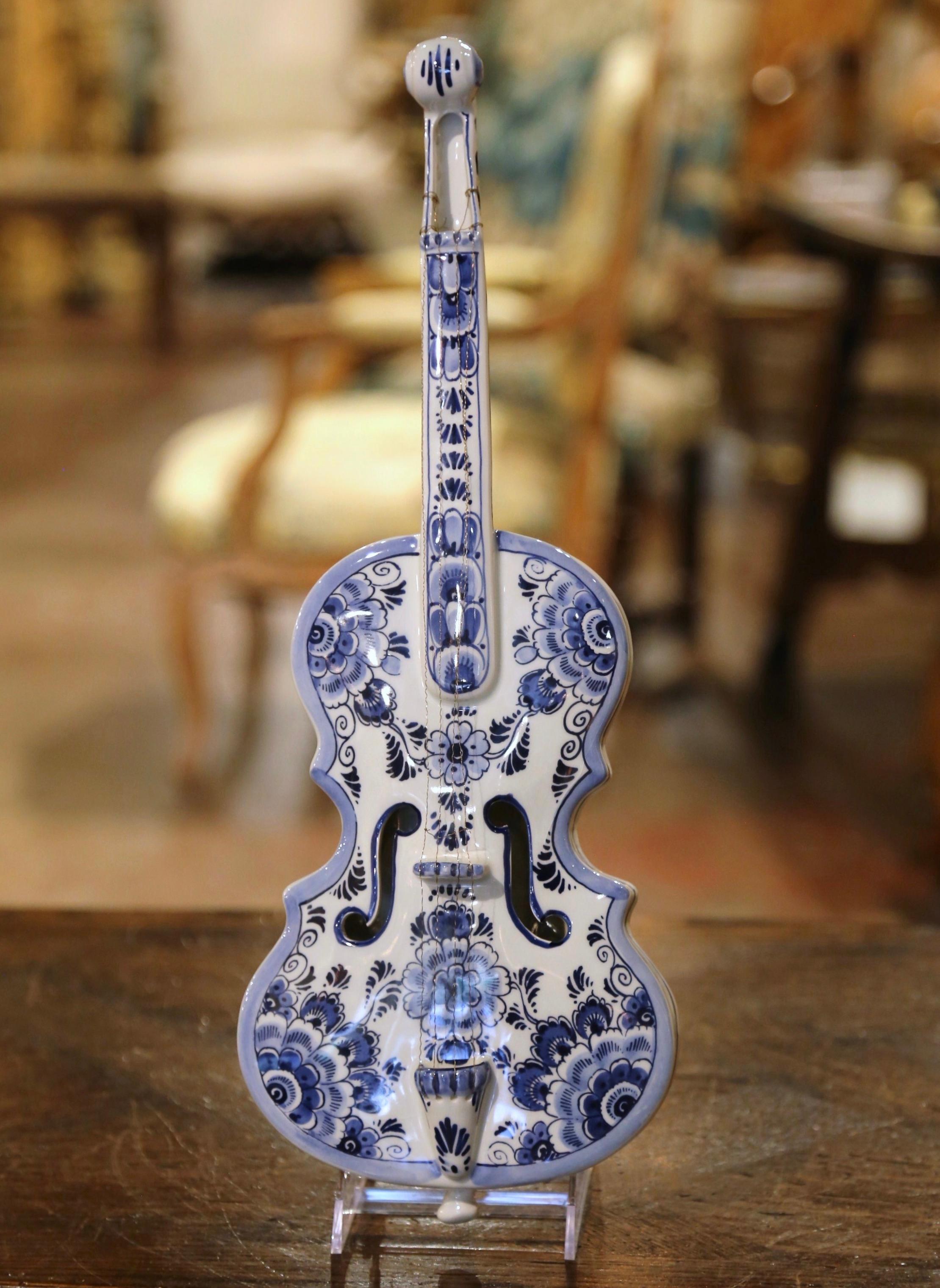 French Mid-Century Dutch Hand Painted Blue and White Delft Faience Miniature Violin