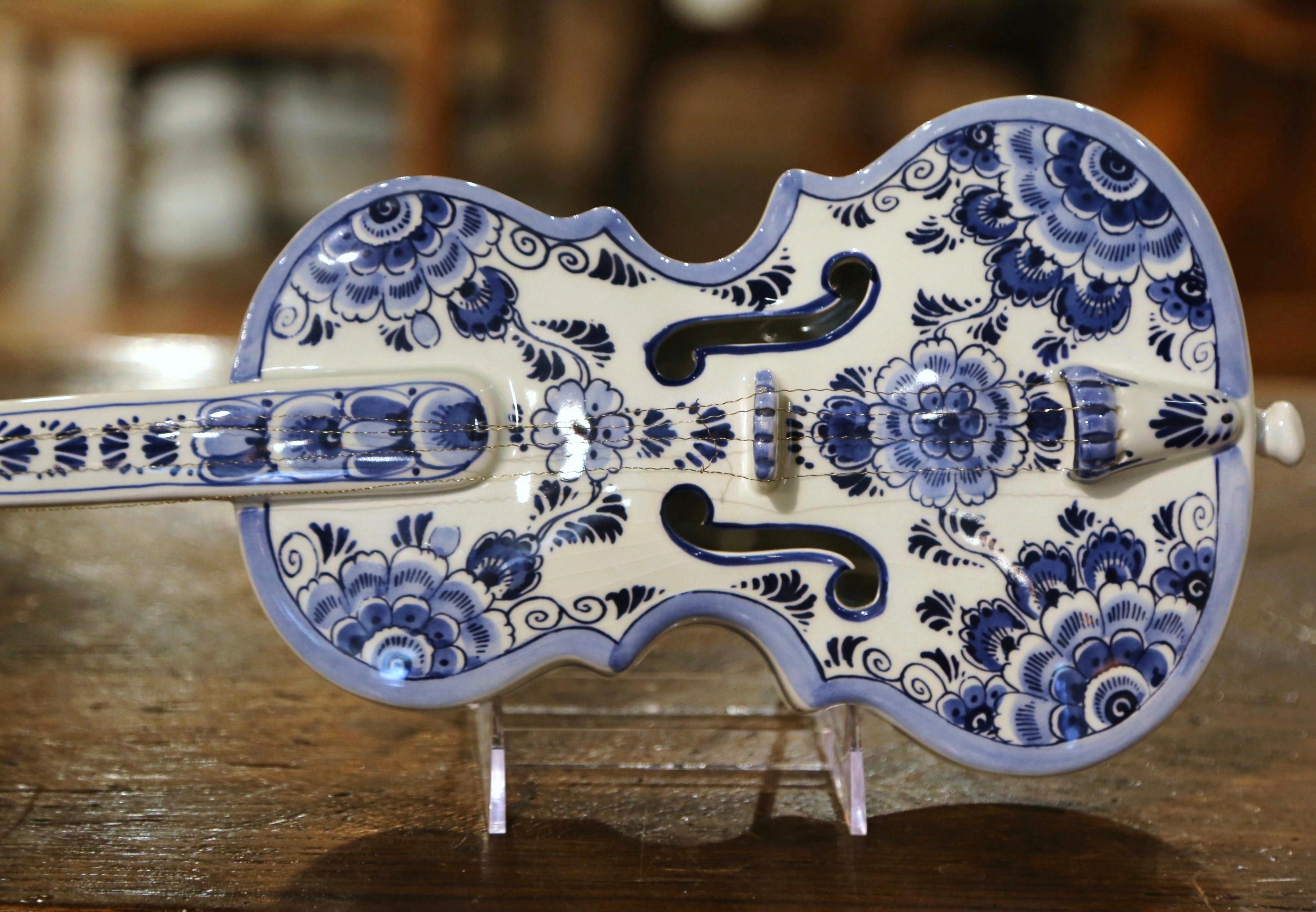 Hand-Painted Mid-Century Dutch Hand Painted Blue and White Delft Faience Miniature Violin