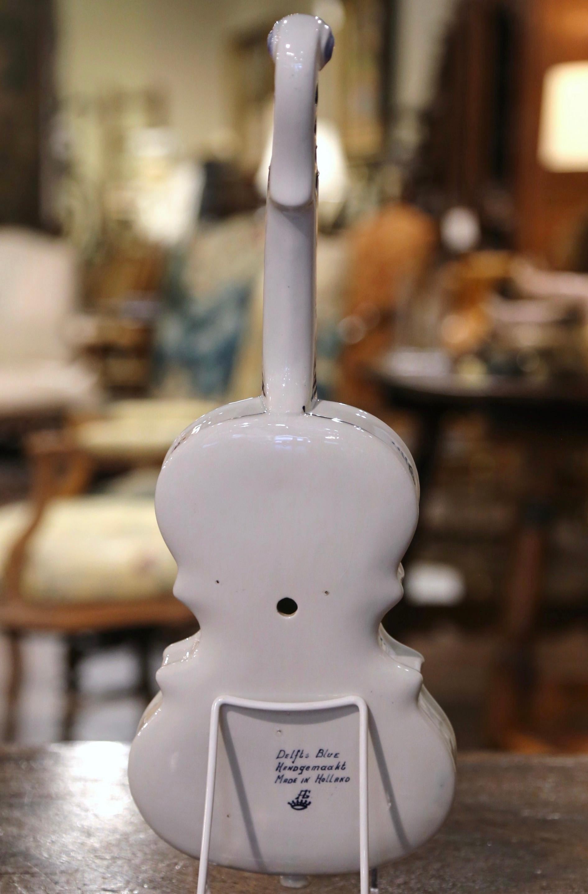 Mid-Century Dutch Hand Painted Blue and White Delft Faience Miniature Violin 1