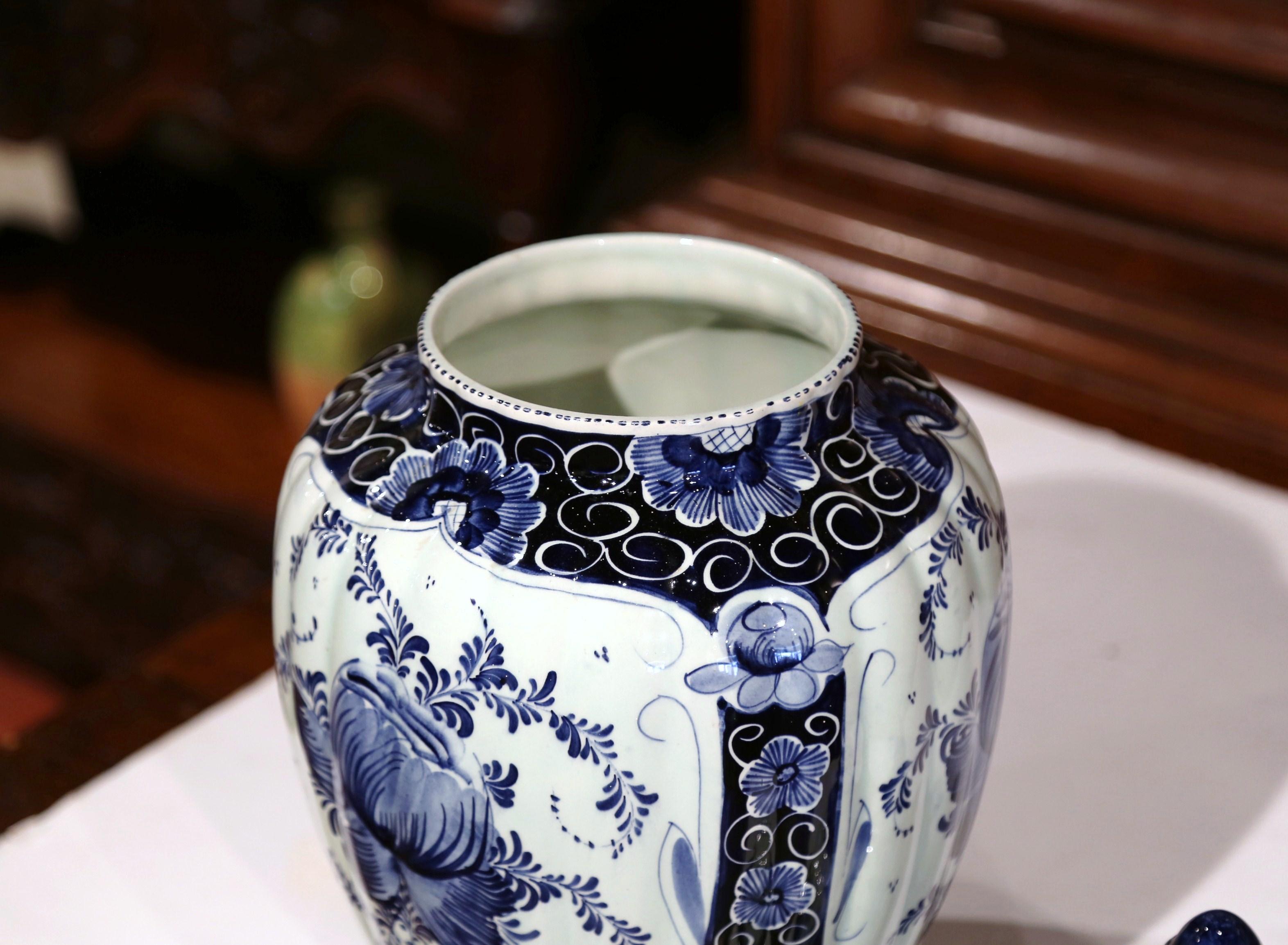 20th Century Mid-Century Dutch Hand-Painted Blue and White Faience Delft Ginger Jar with Lid