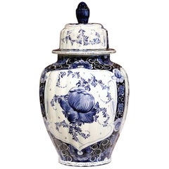Mid-Century Dutch Hand-Painted Blue and White Faience Delft Ginger Jar with Lid