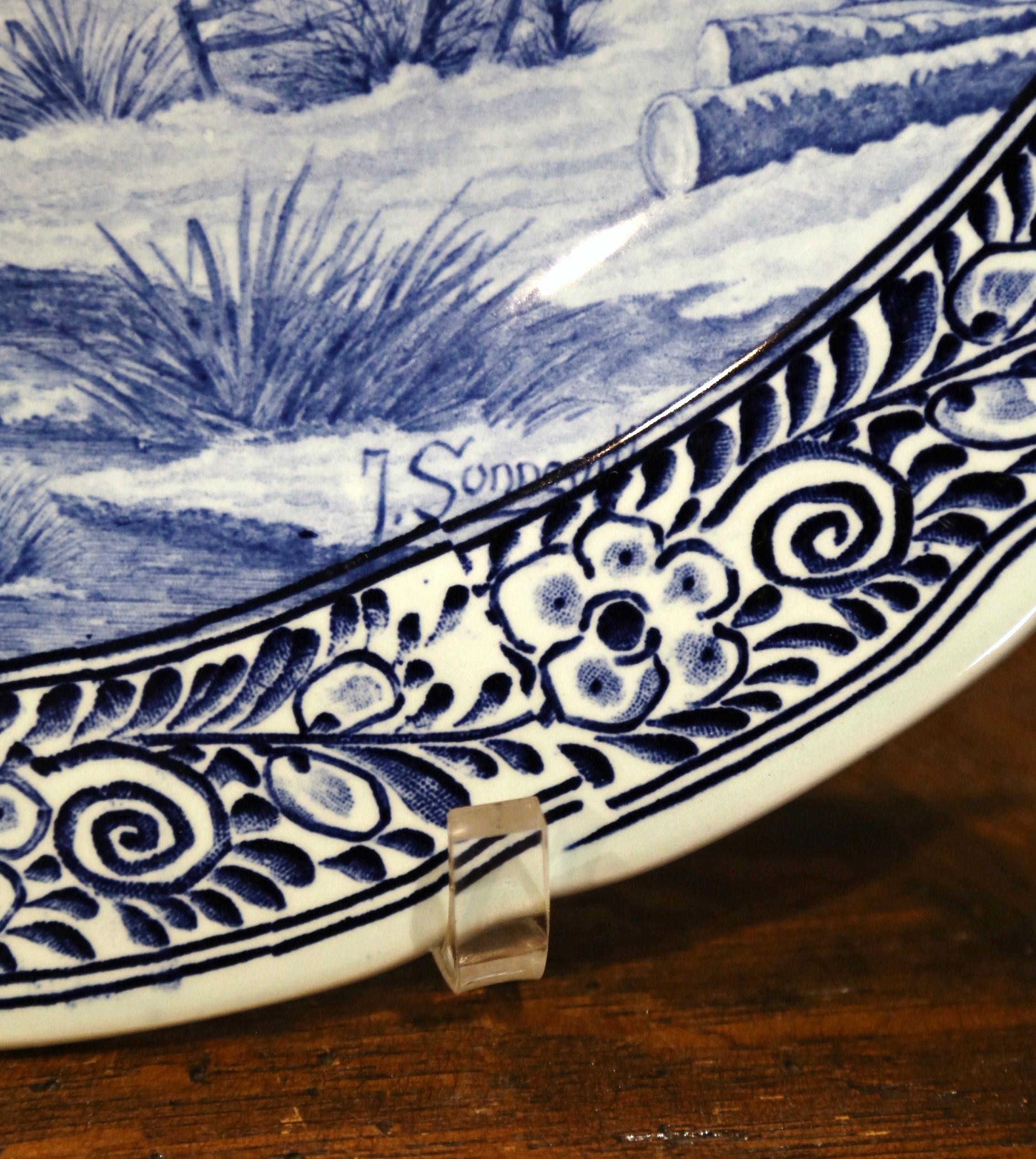 Hand-Crafted Mid-Century Dutch Hand Painted Royal Sphinx Maastricht Delft Platter For Sale