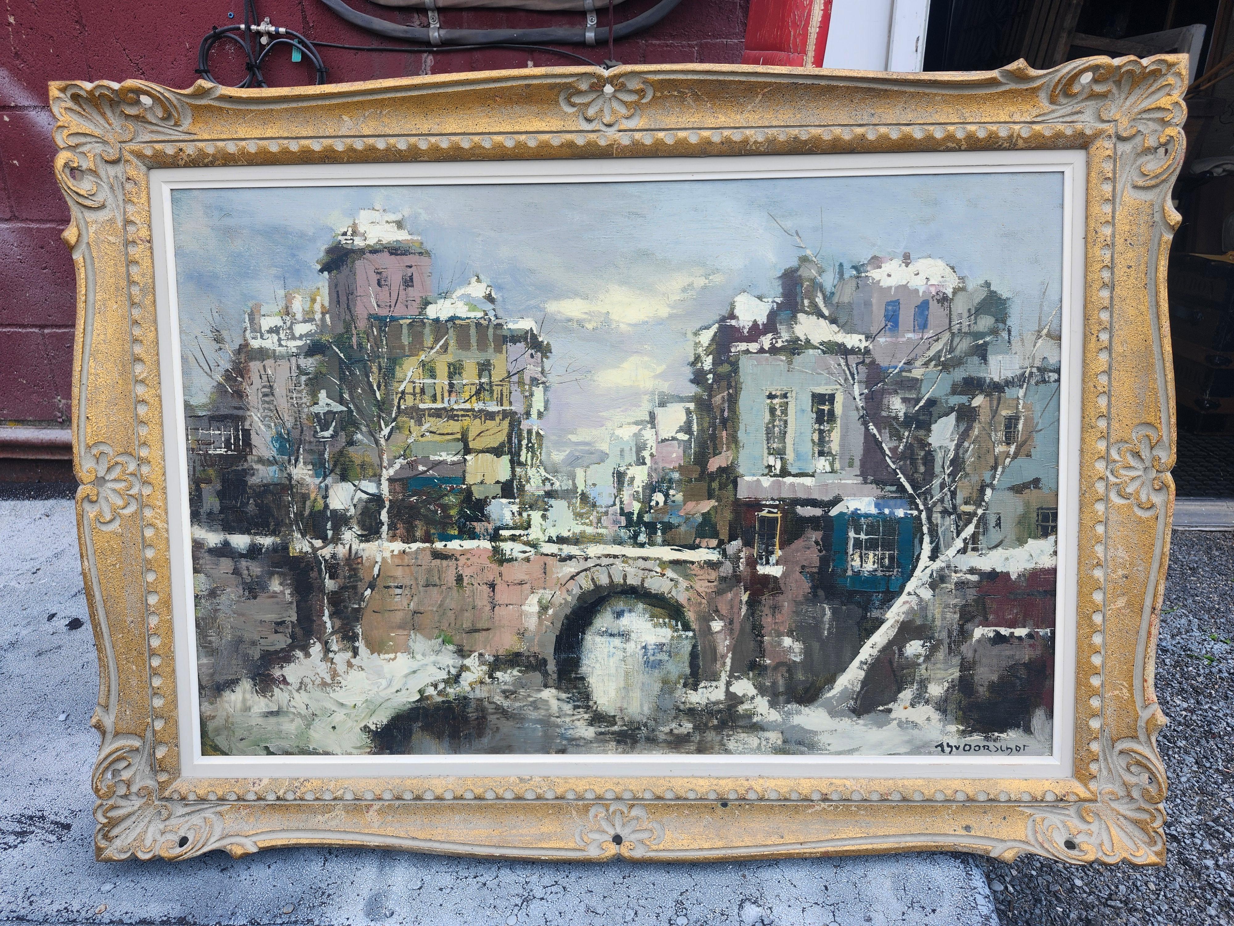 Mid-Century Dutch Impressionist City Buildings with Bridge For Sale 3
