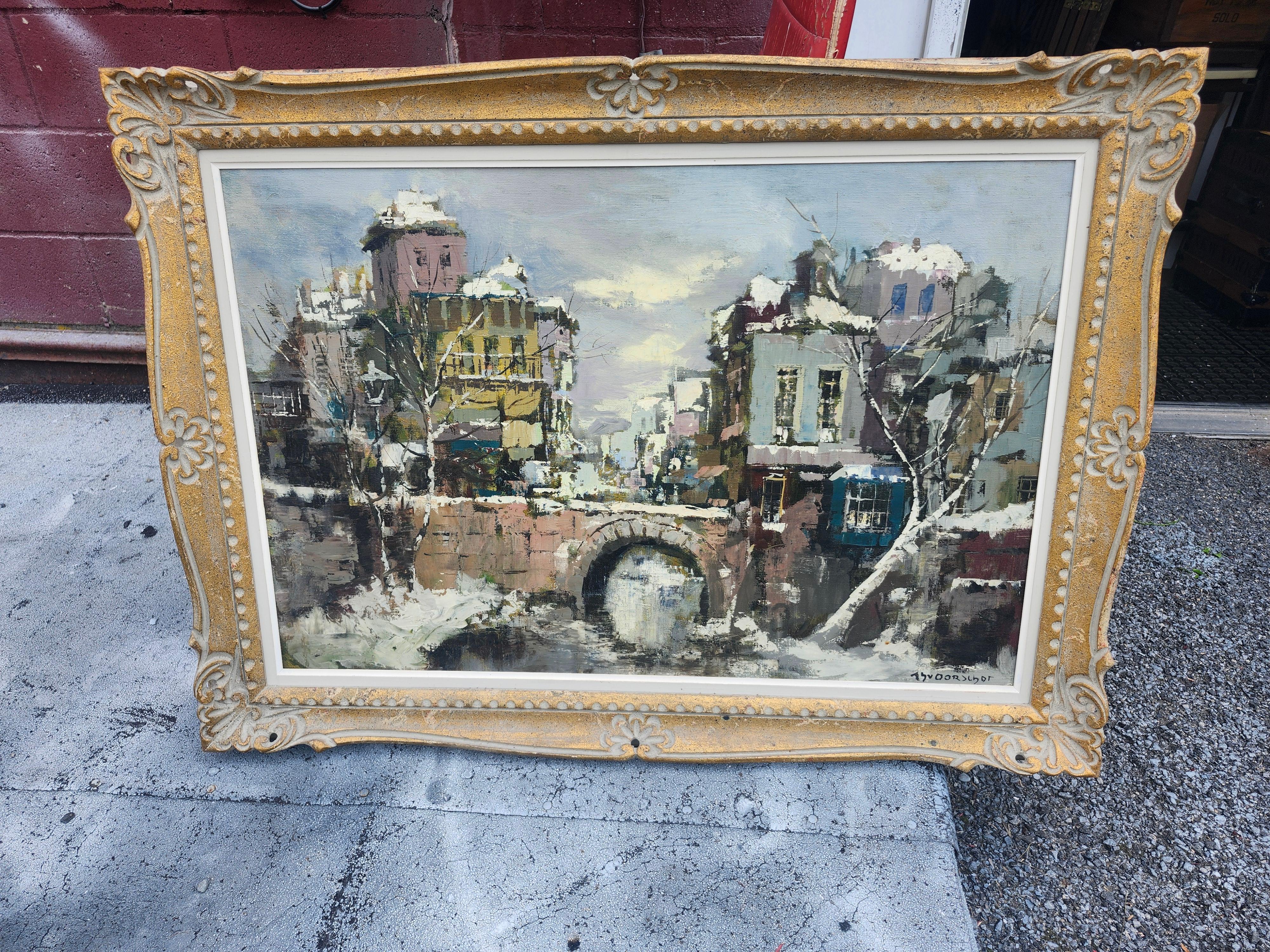 Mid-Century Dutch Impressionist City Buildings with Bridge For Sale 4