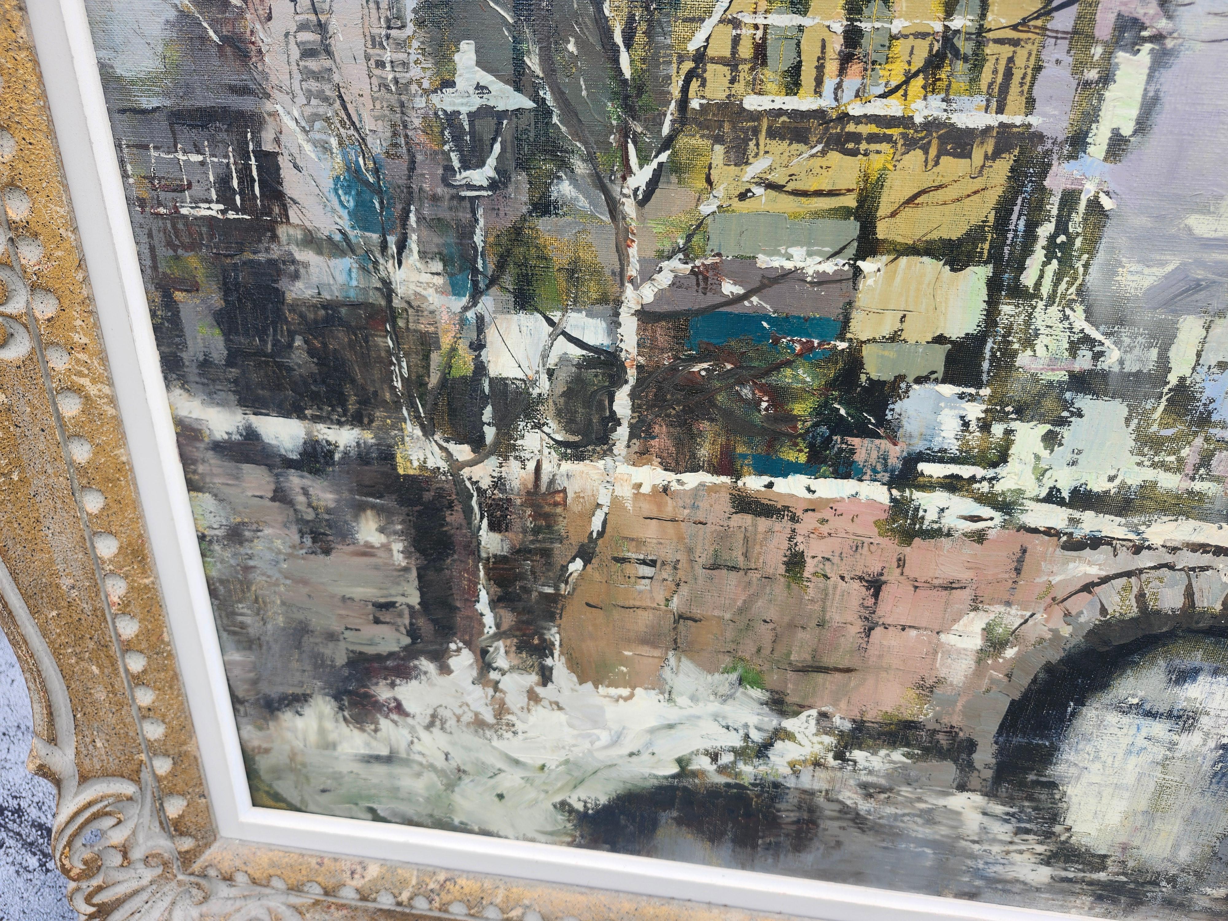 Fabulous Impressionist painting by a Dutch artist C1950 with a period frame
Signed but cannot make out the name
A dutch cityscape with a bridge in what looks to be winter
In excellent vintage condition with minimal wear to the frame
See all pics and