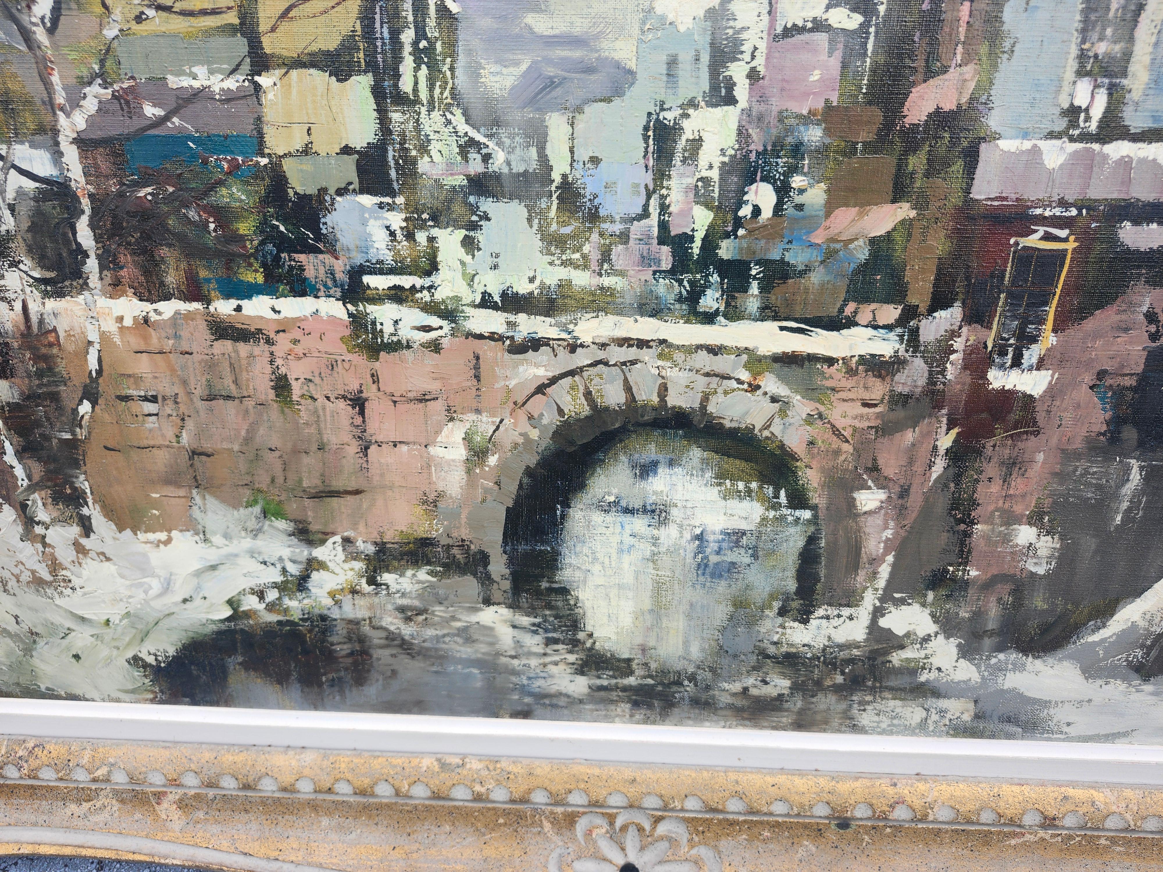 Mid-Century Dutch Impressionist City Buildings with Bridge In Good Condition For Sale In Port Jervis, NY