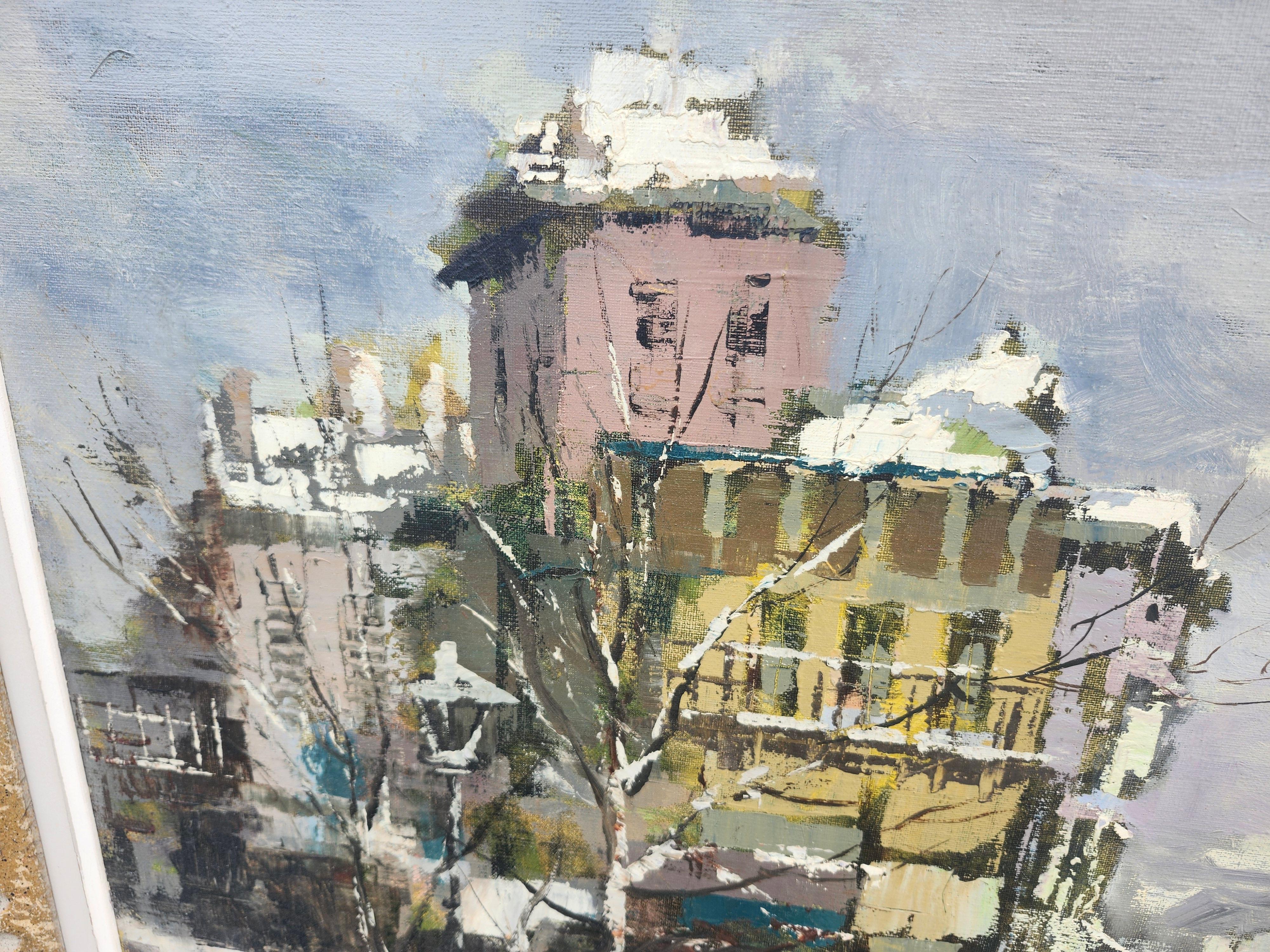 Mid-20th Century Mid-Century Dutch Impressionist City Buildings with Bridge For Sale