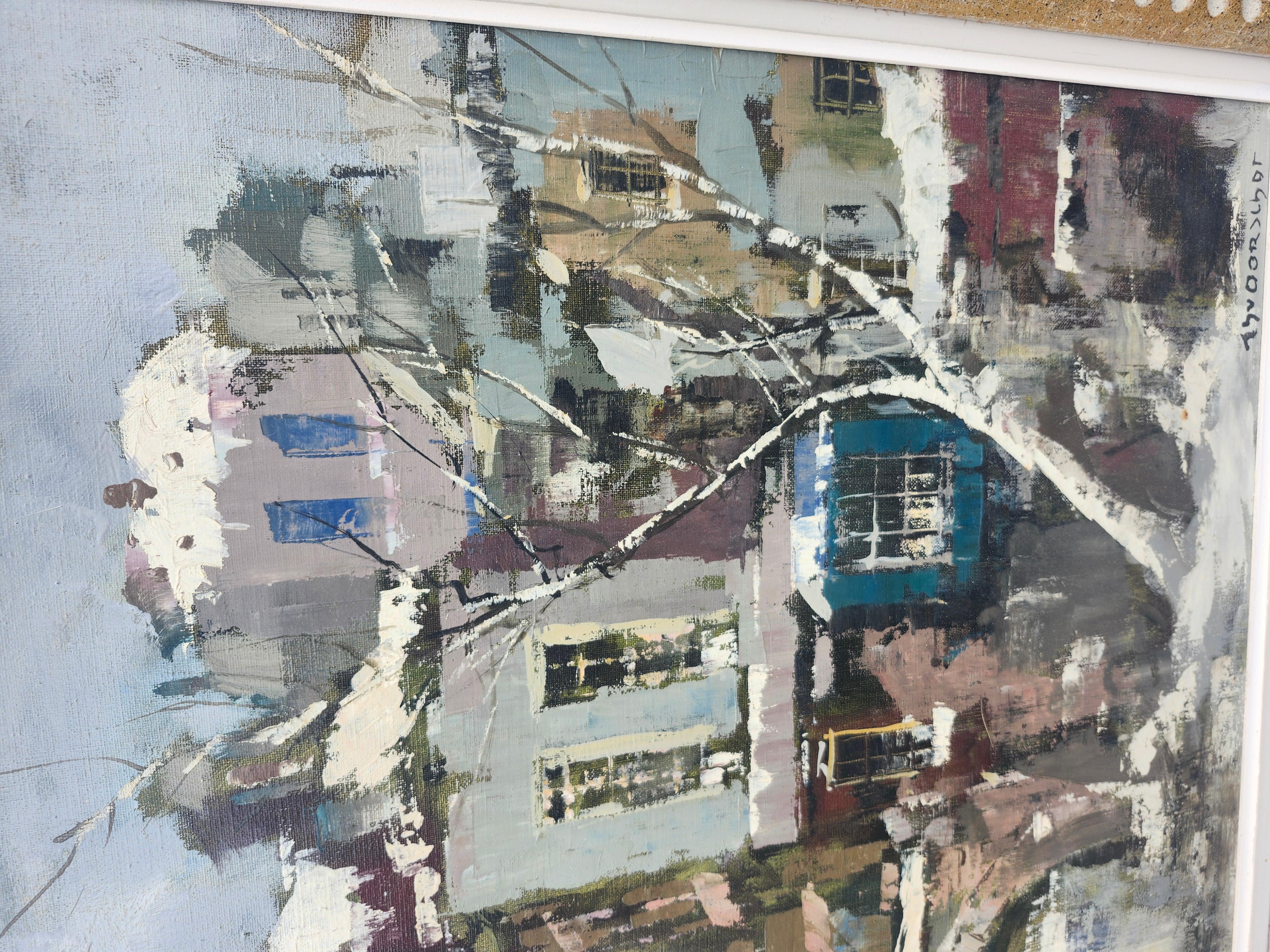 Canvas Mid-Century Dutch Impressionist City Buildings with Bridge For Sale