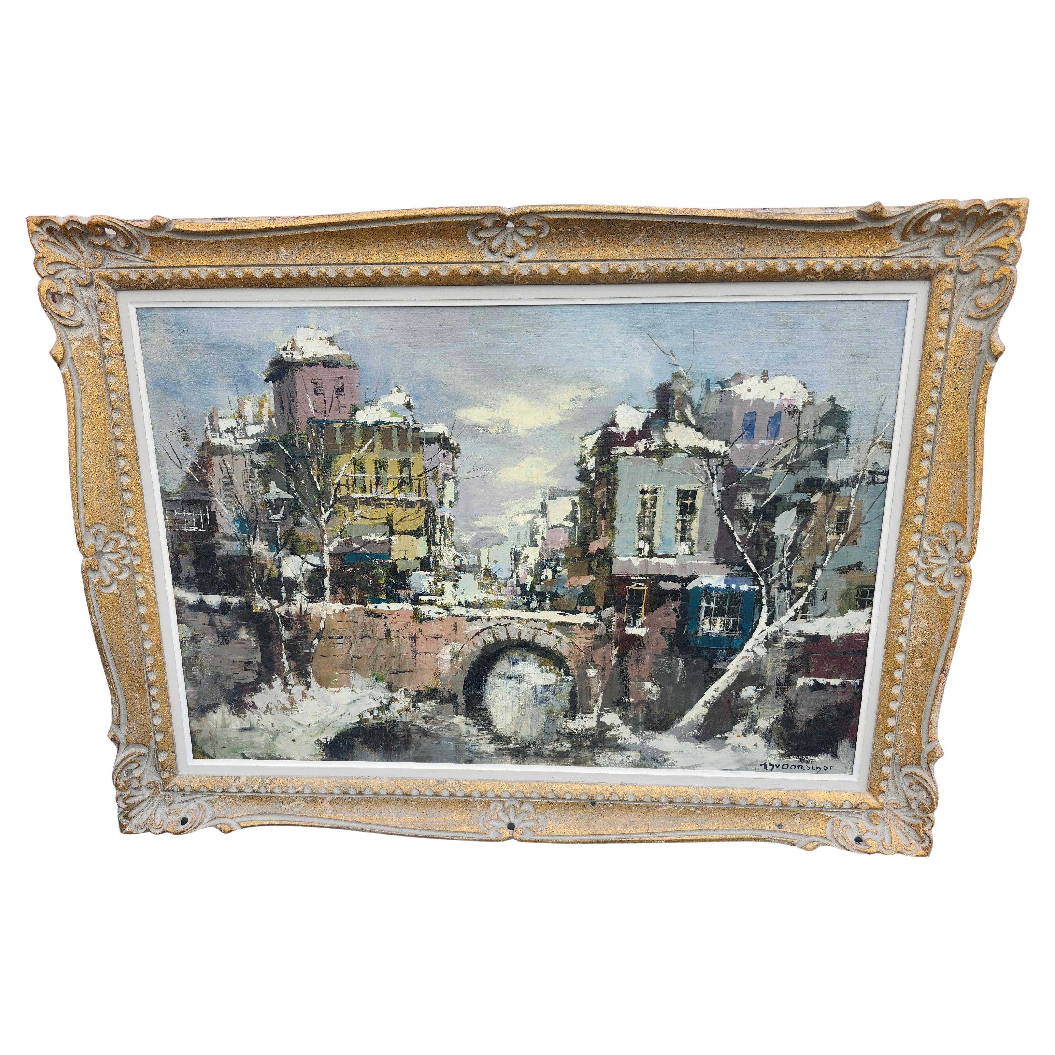 Mid-Century Dutch Impressionist City Buildings with Bridge For Sale