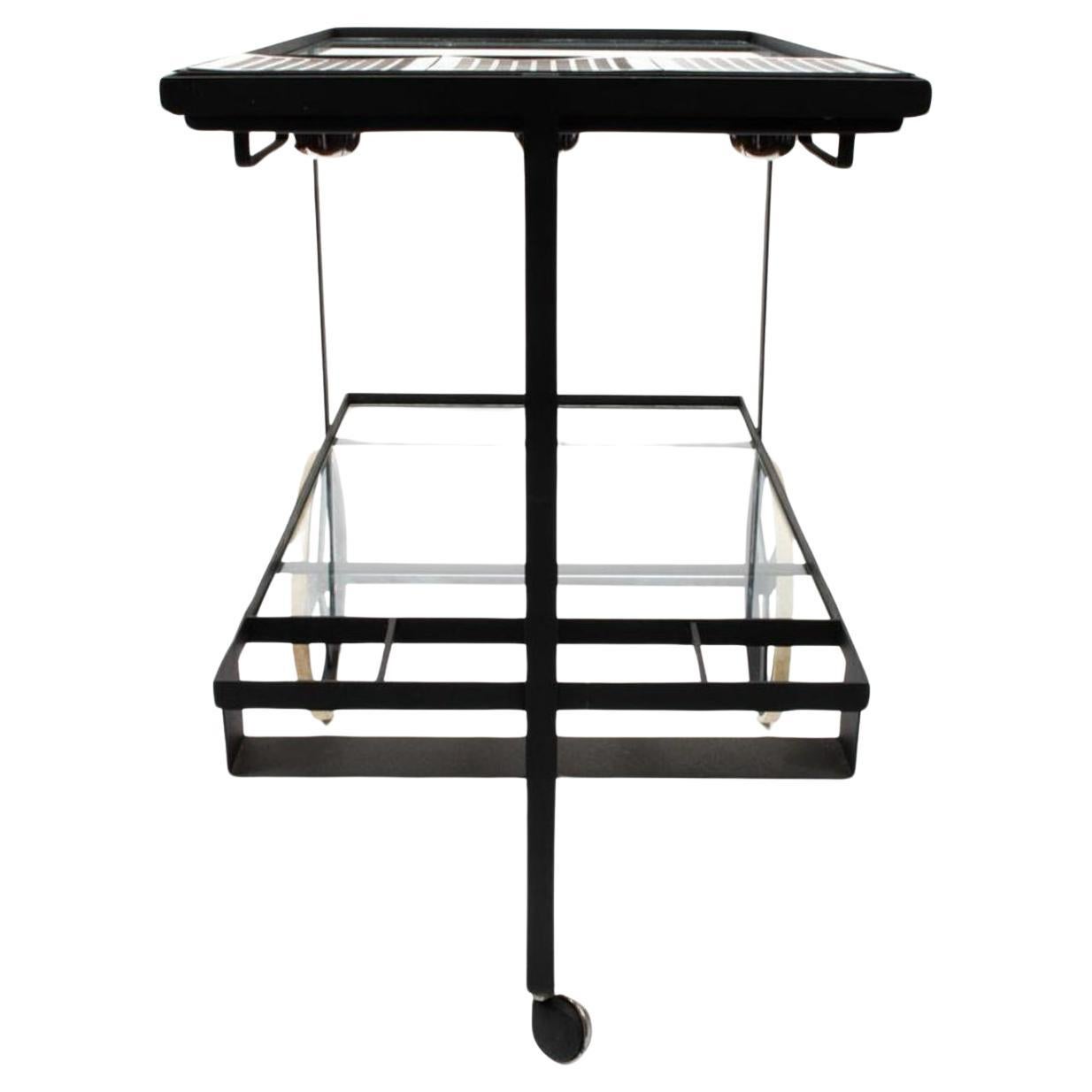 Metalwork Mid century Dutch modern steel and glass bar cart or tea trolley  For Sale