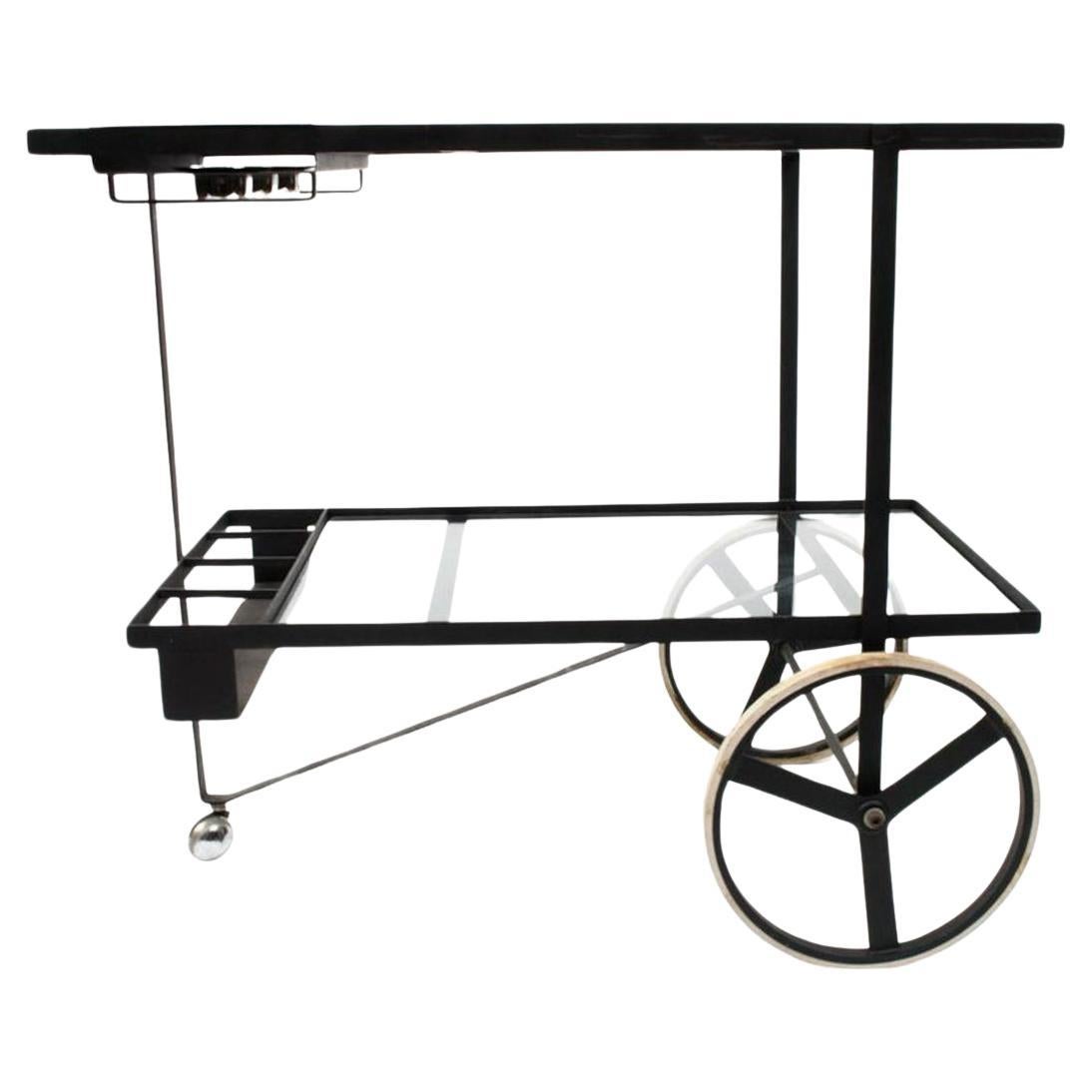 Steel Mid century Dutch modern steel and glass bar cart or tea trolley  For Sale