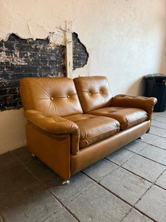 Mid Century Dutch Modern tufted puffy cognac Leather loveseat sofa 1970